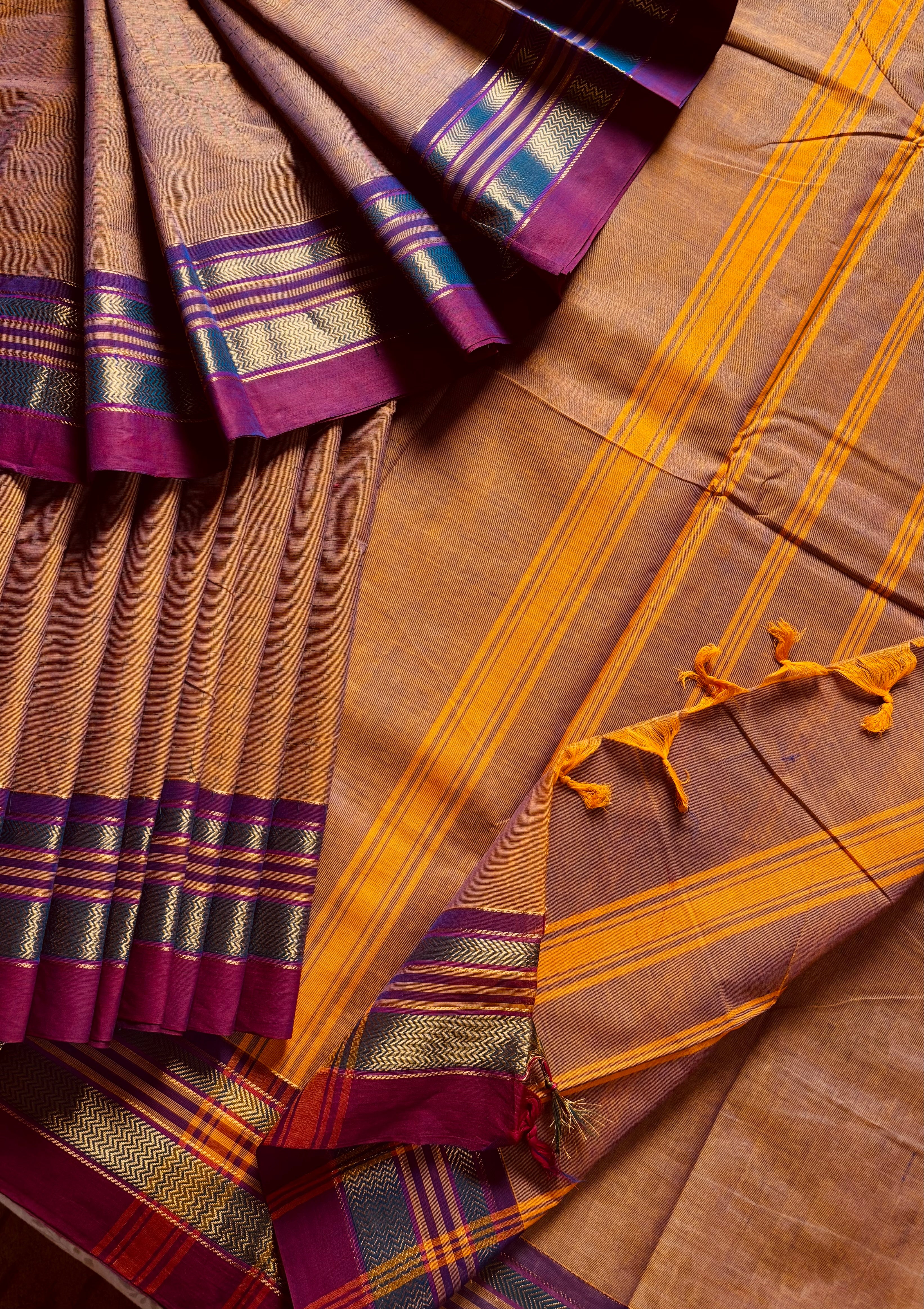 Pure Cotton Mustard Dual Toned Kanchipuram Saree