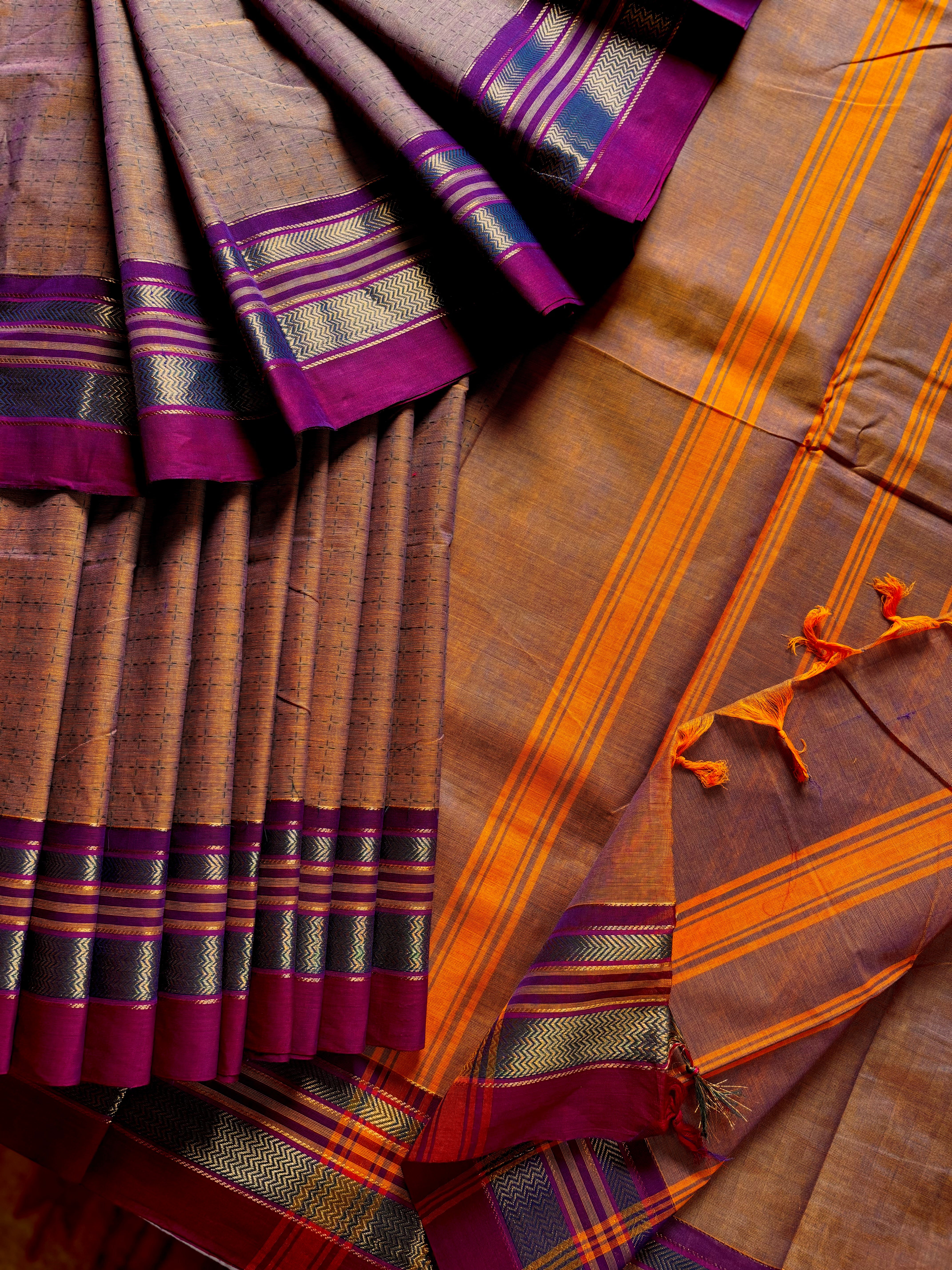 Pure Cotton Mustard Dual Toned Kanchipuram Saree