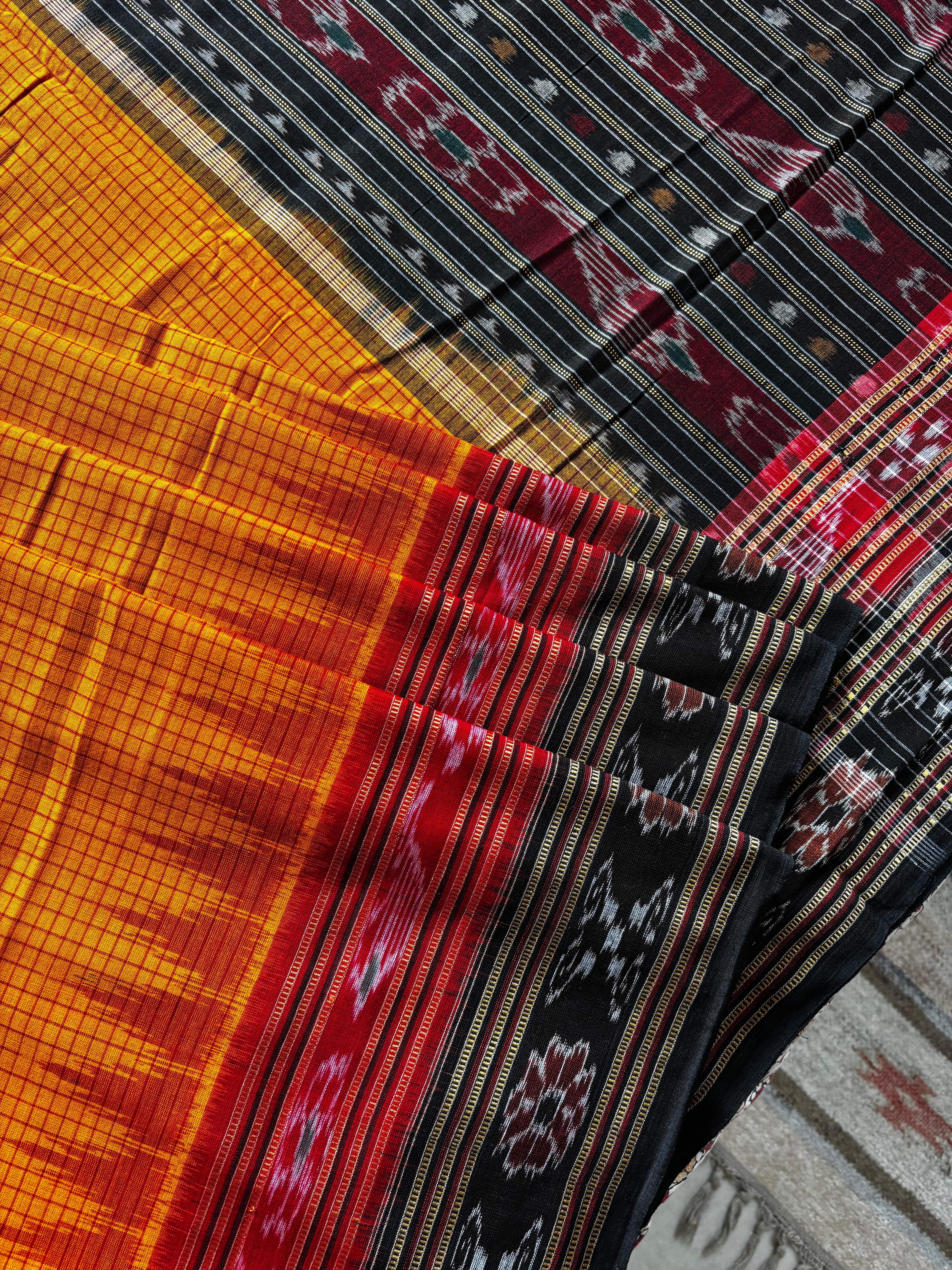 Handwoven Orangish Yellow Colour Cotton Sachipar Odisha Ikkat Saree