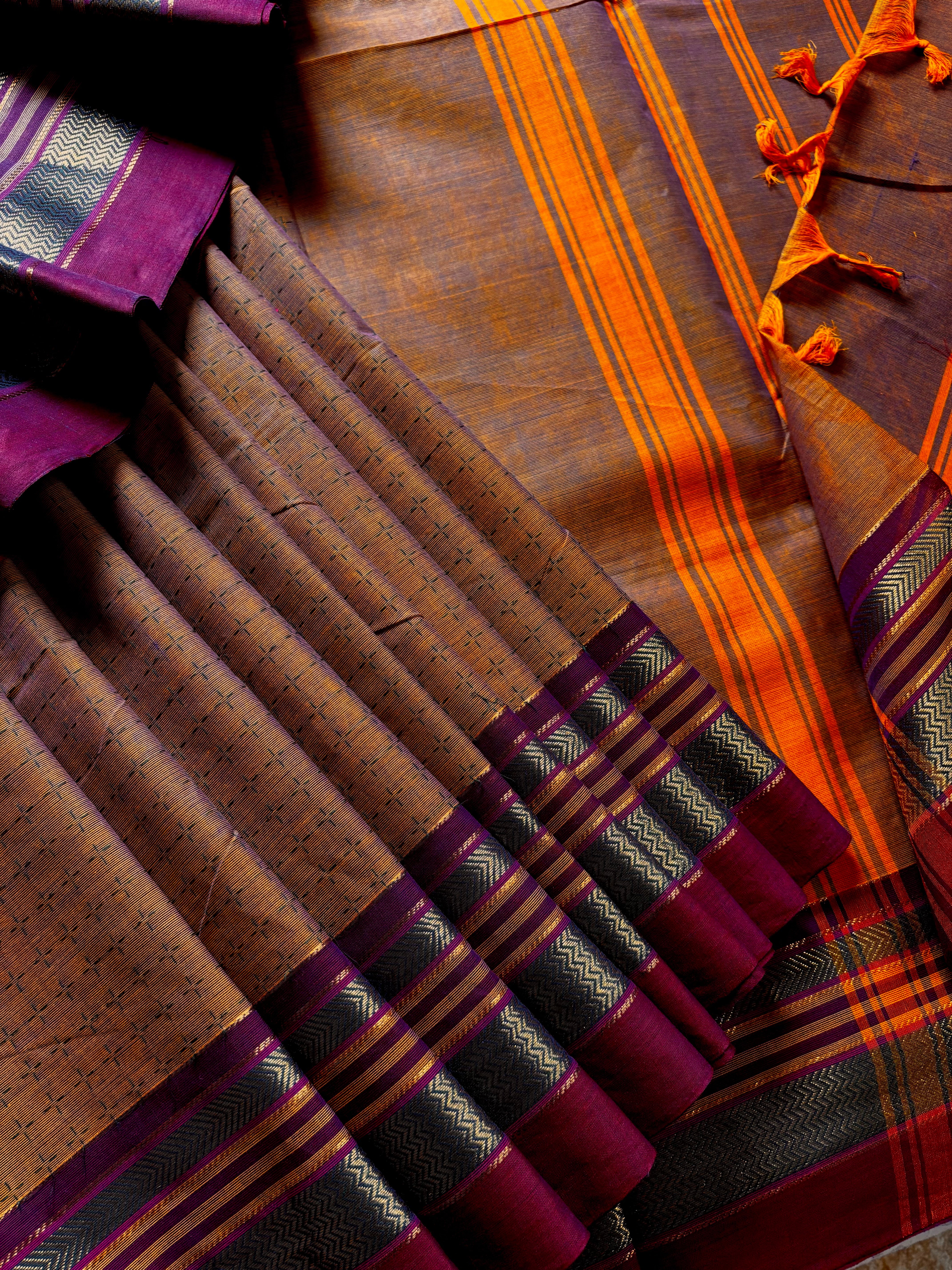 Pure Cotton Mustard Dual Toned Kanchipuram Saree