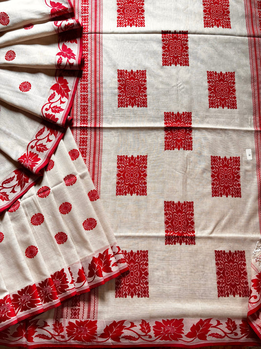 Handwoven Dusty White Red Phulia Cotton Saree