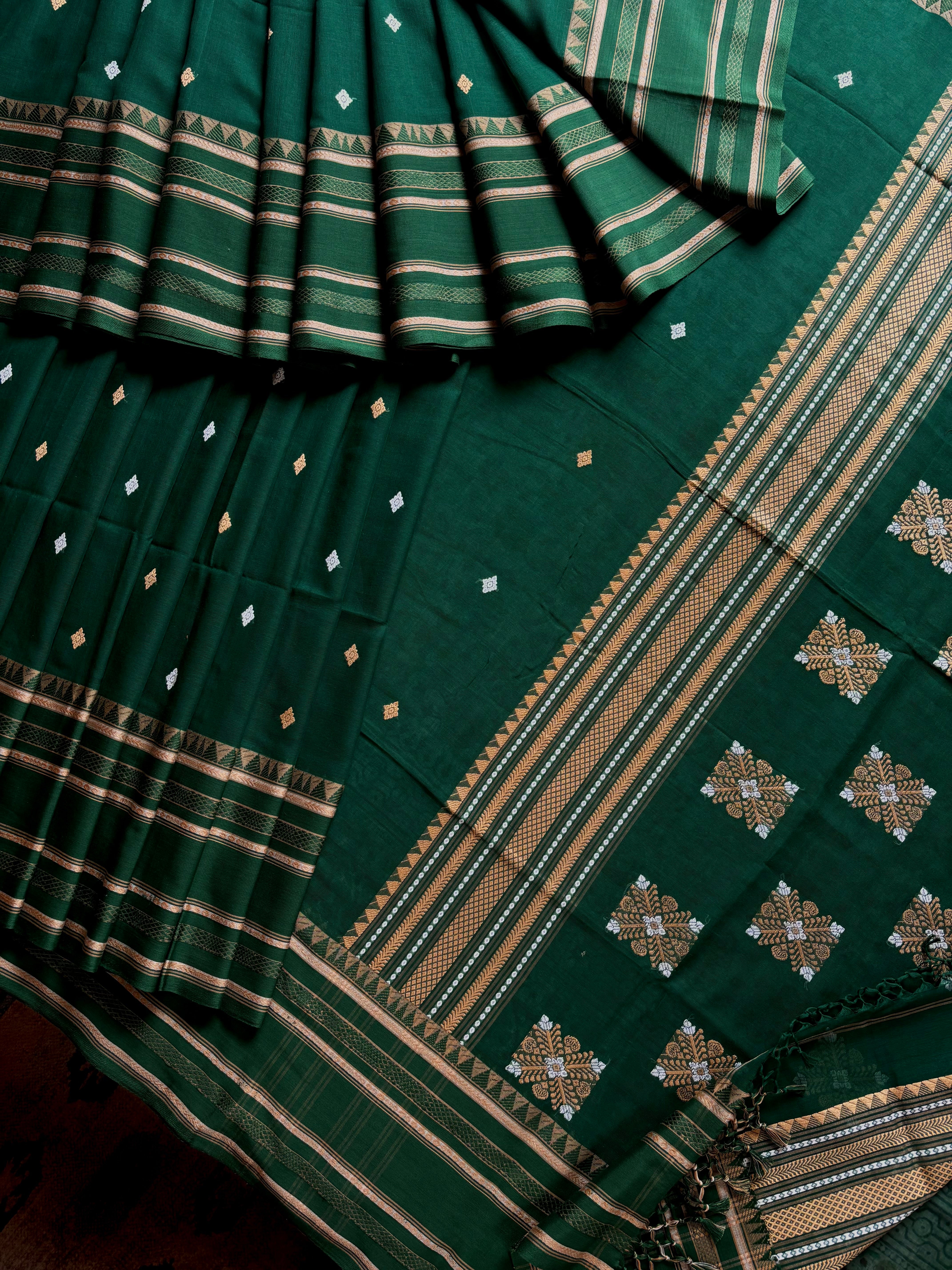 Handwoven Bottle Green Colour Phulia Cotton Saree