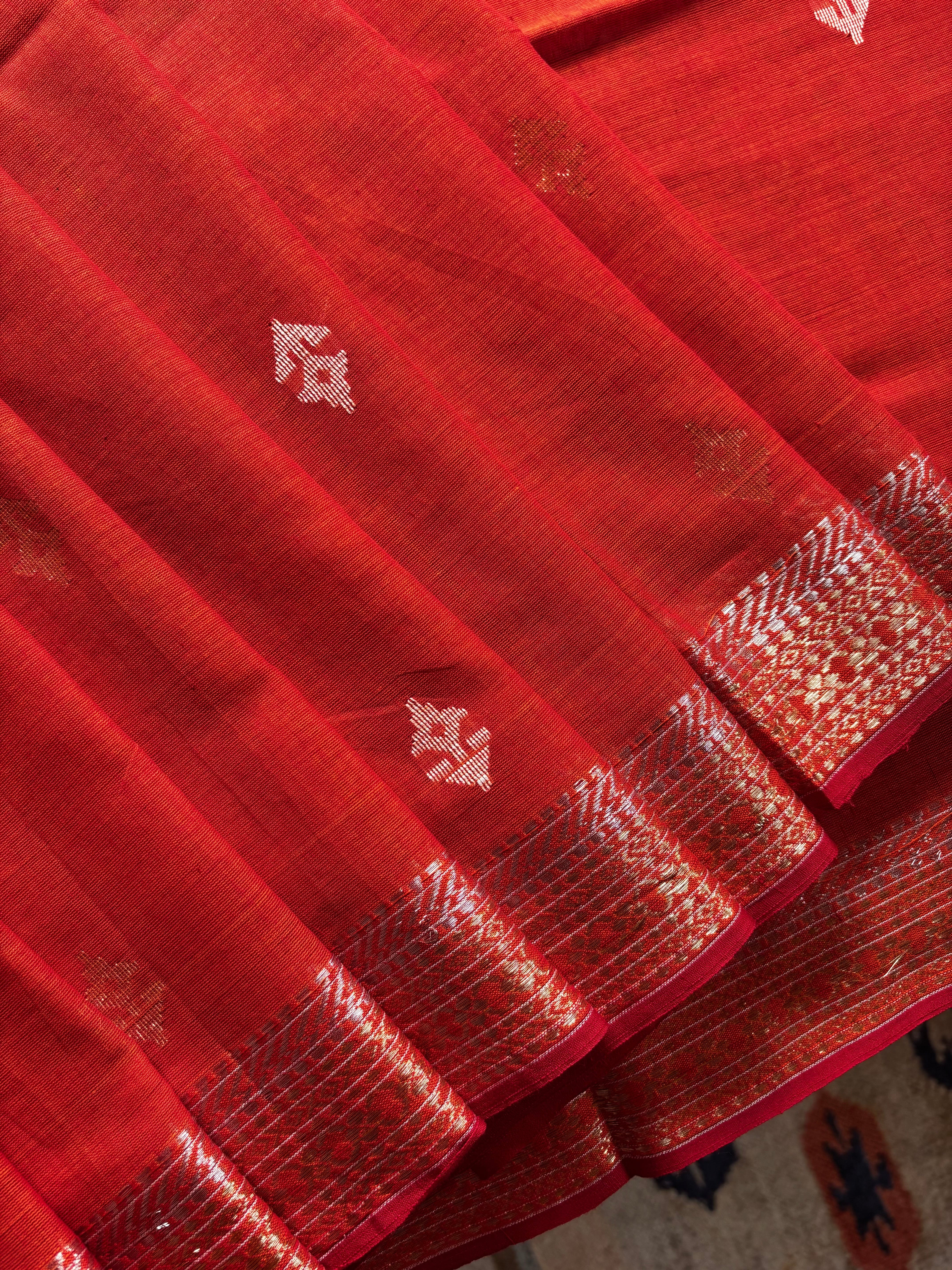 Handwoven Orange Colour Cotton Jamdani Saree