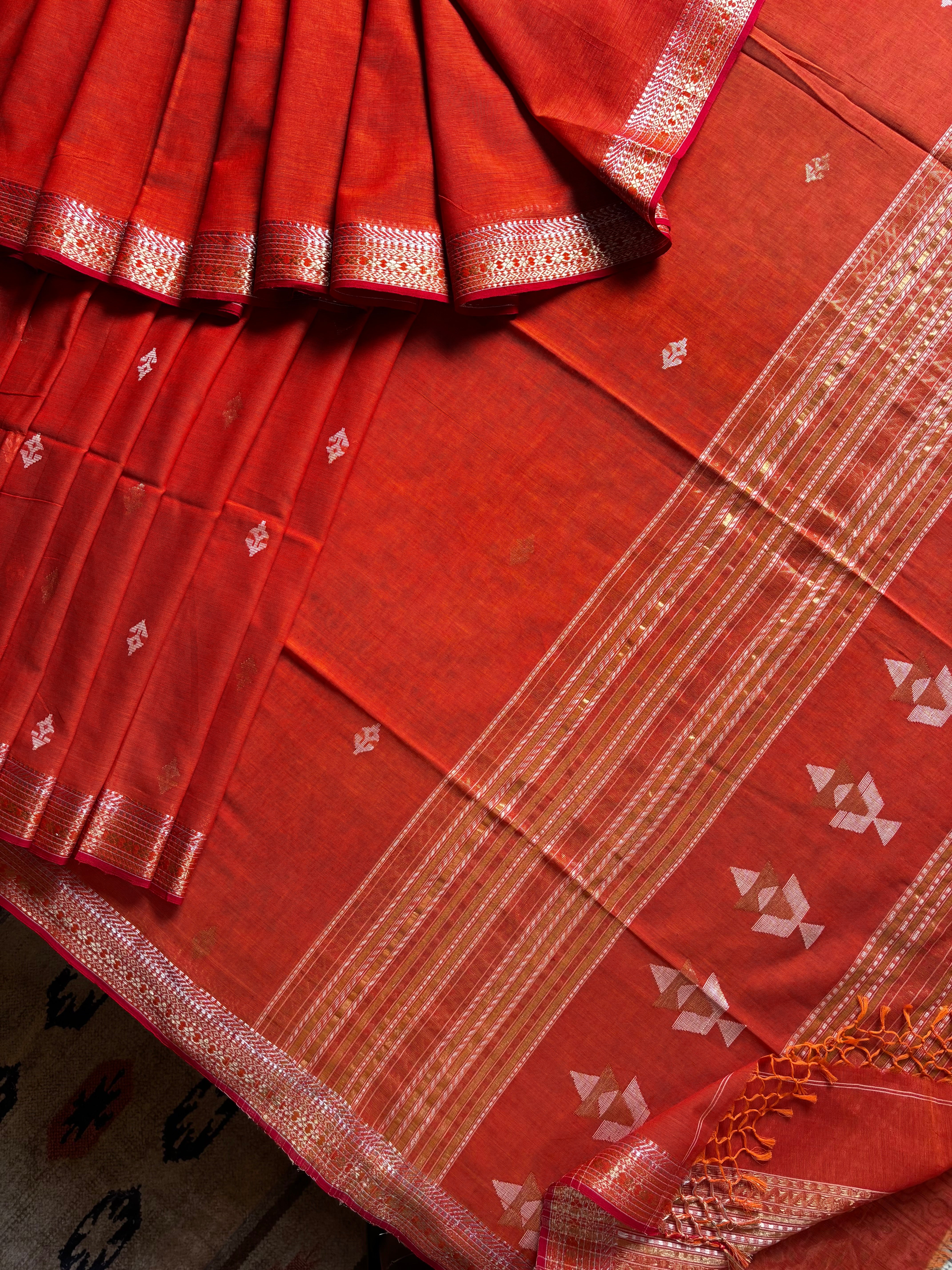 Handwoven Orange Colour Cotton Jamdani Saree