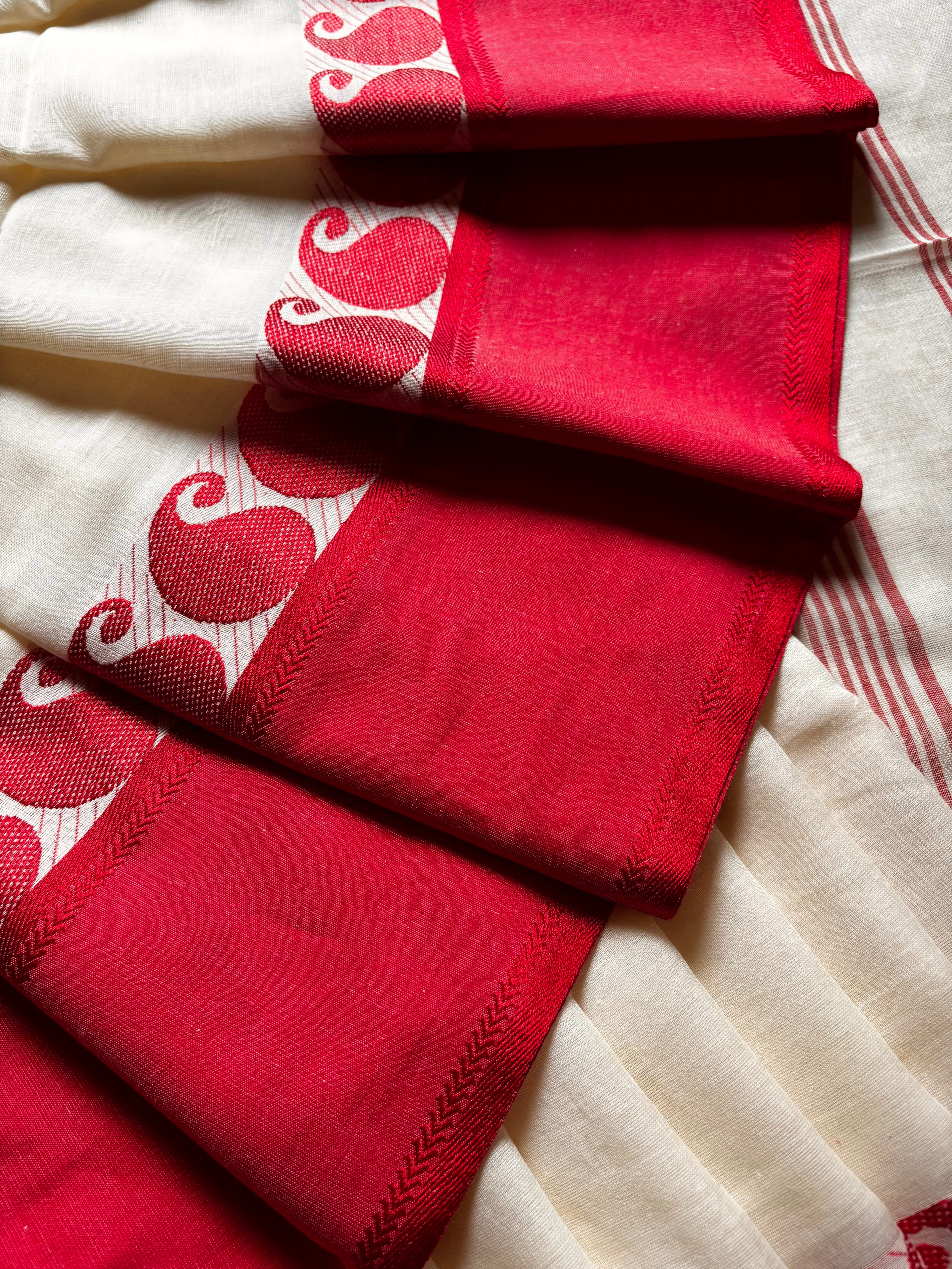 Handwoven Cream White Red Phulia Cotton Saree
