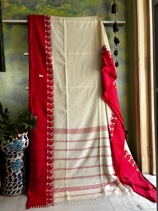 Handwoven Cream White Red Phulia Cotton Saree