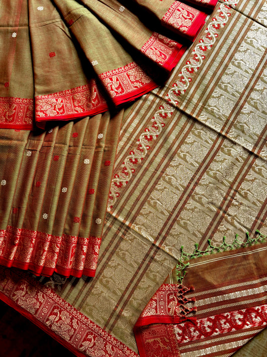 Handwoven Green Red Dual Toned Cotton Baluchari Saree