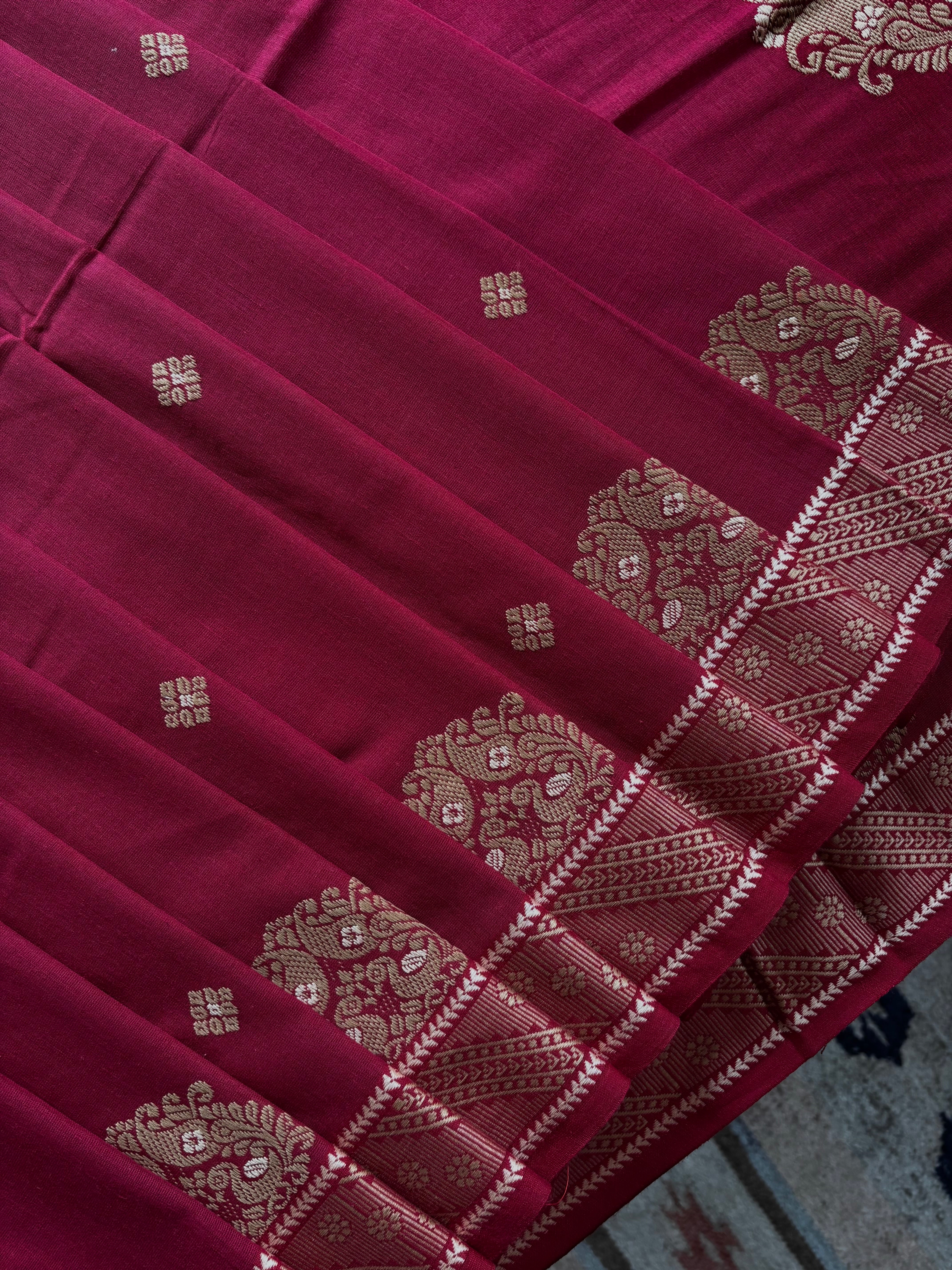 Handwoven Matte Maroon Colour Phulia Cotton Saree