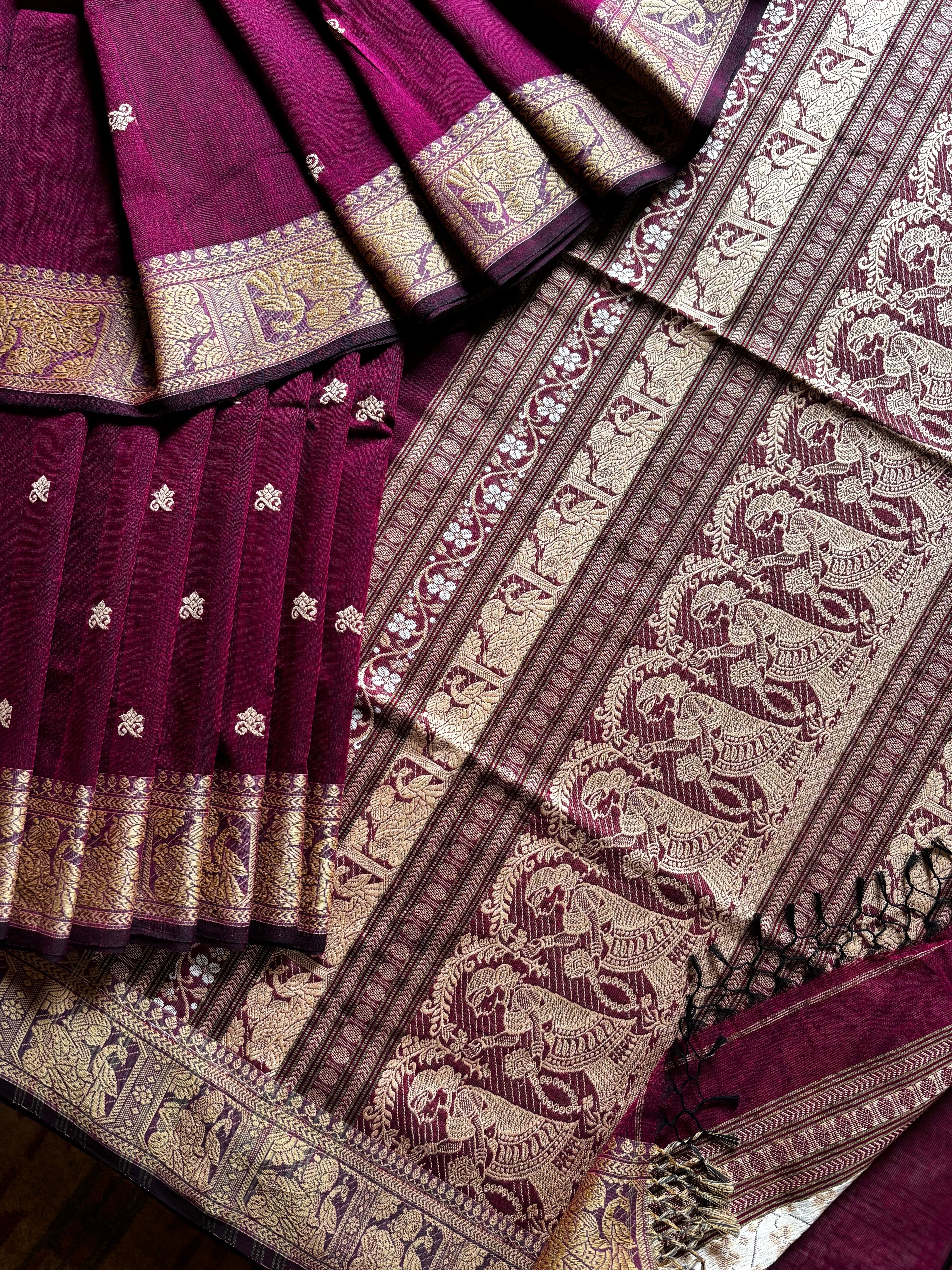 Handwoven Wine Colour Cotton Baluchari Saree