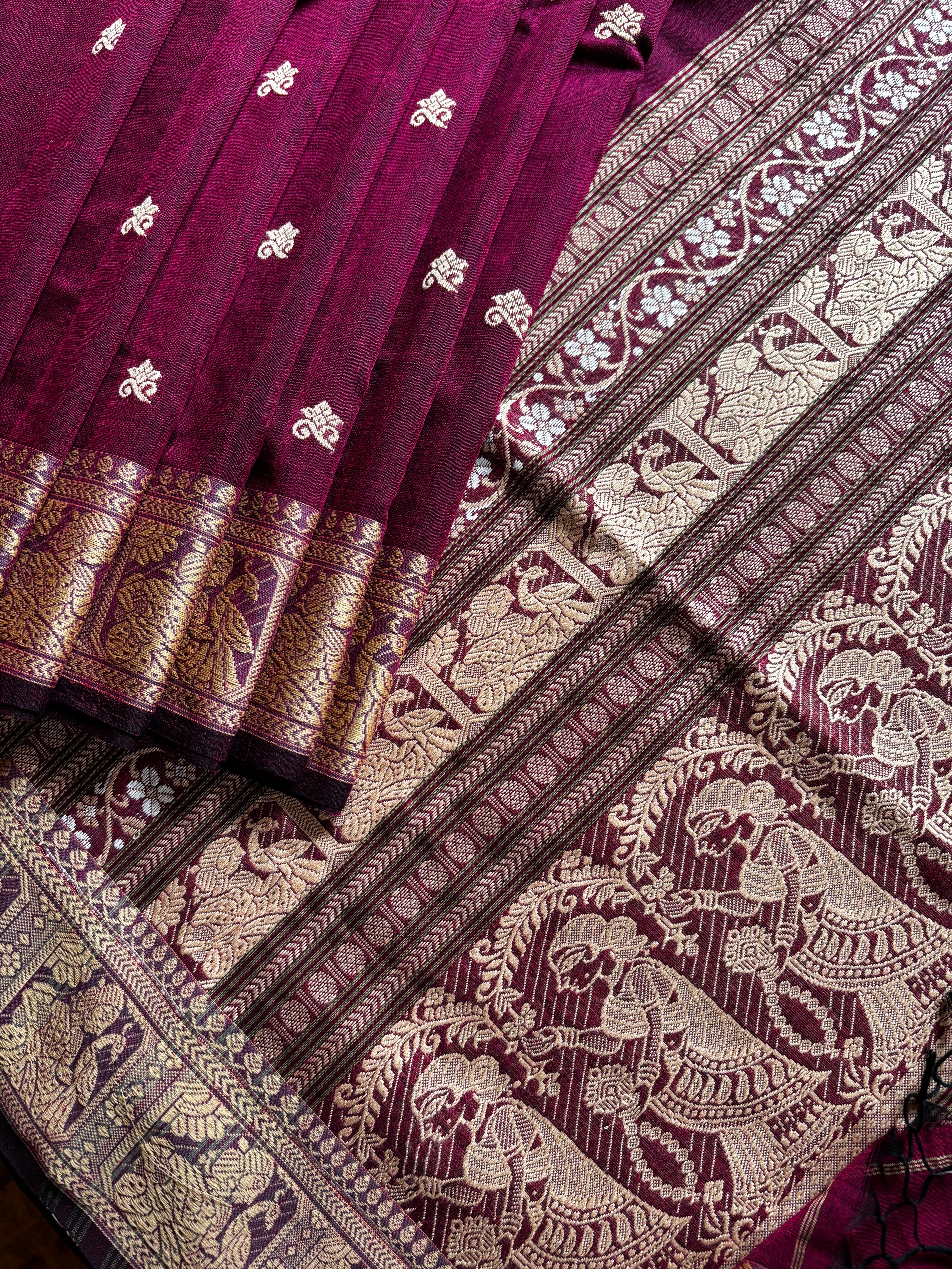 Handwoven Wine Colour Cotton Baluchari Saree