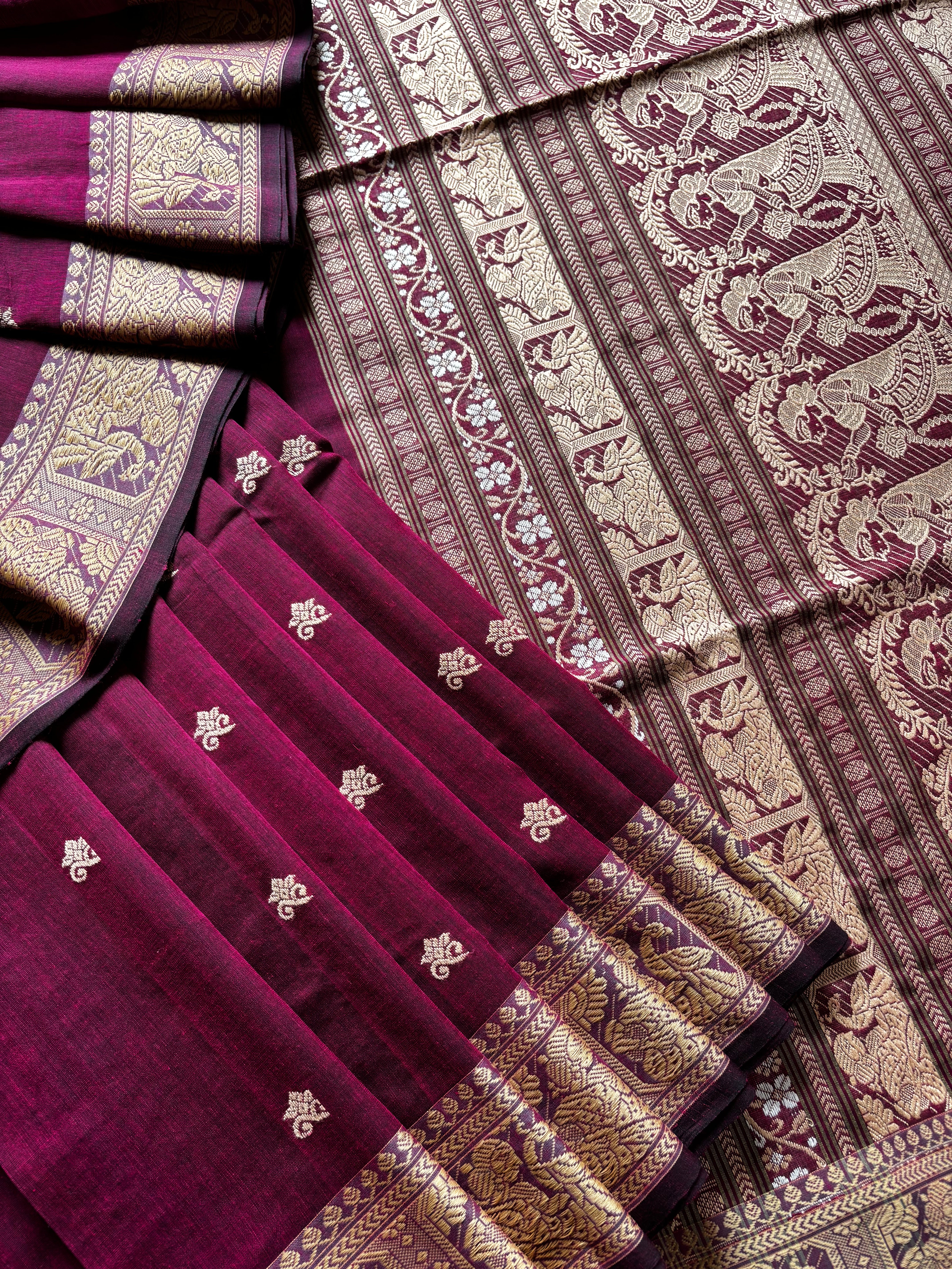 Handwoven Wine Colour Cotton Baluchari Saree