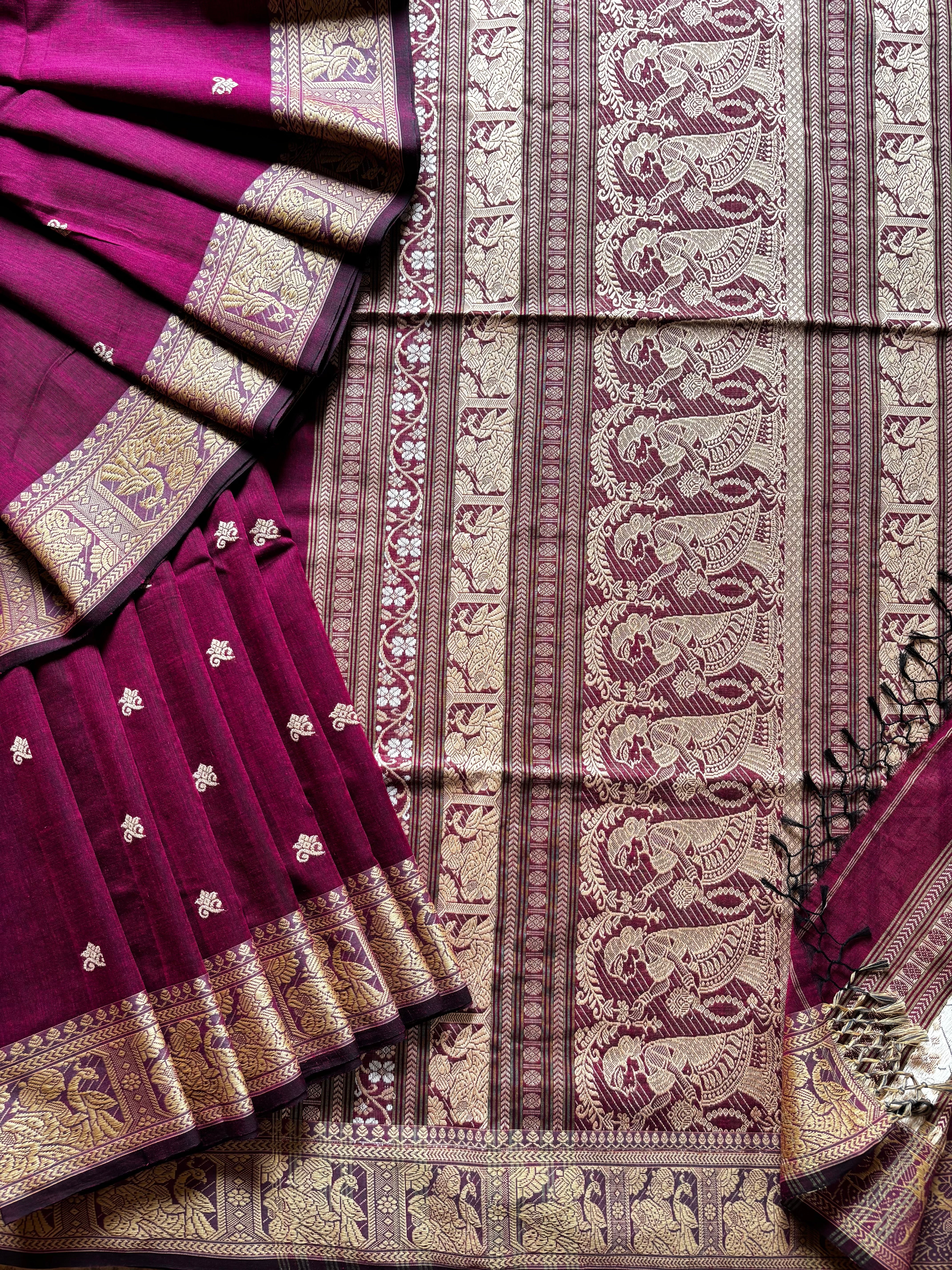 Handwoven Wine Colour Cotton Baluchari Saree