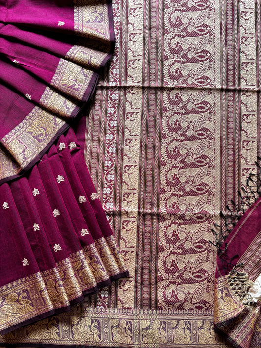 Handwoven Wine Colour Cotton Baluchari Saree