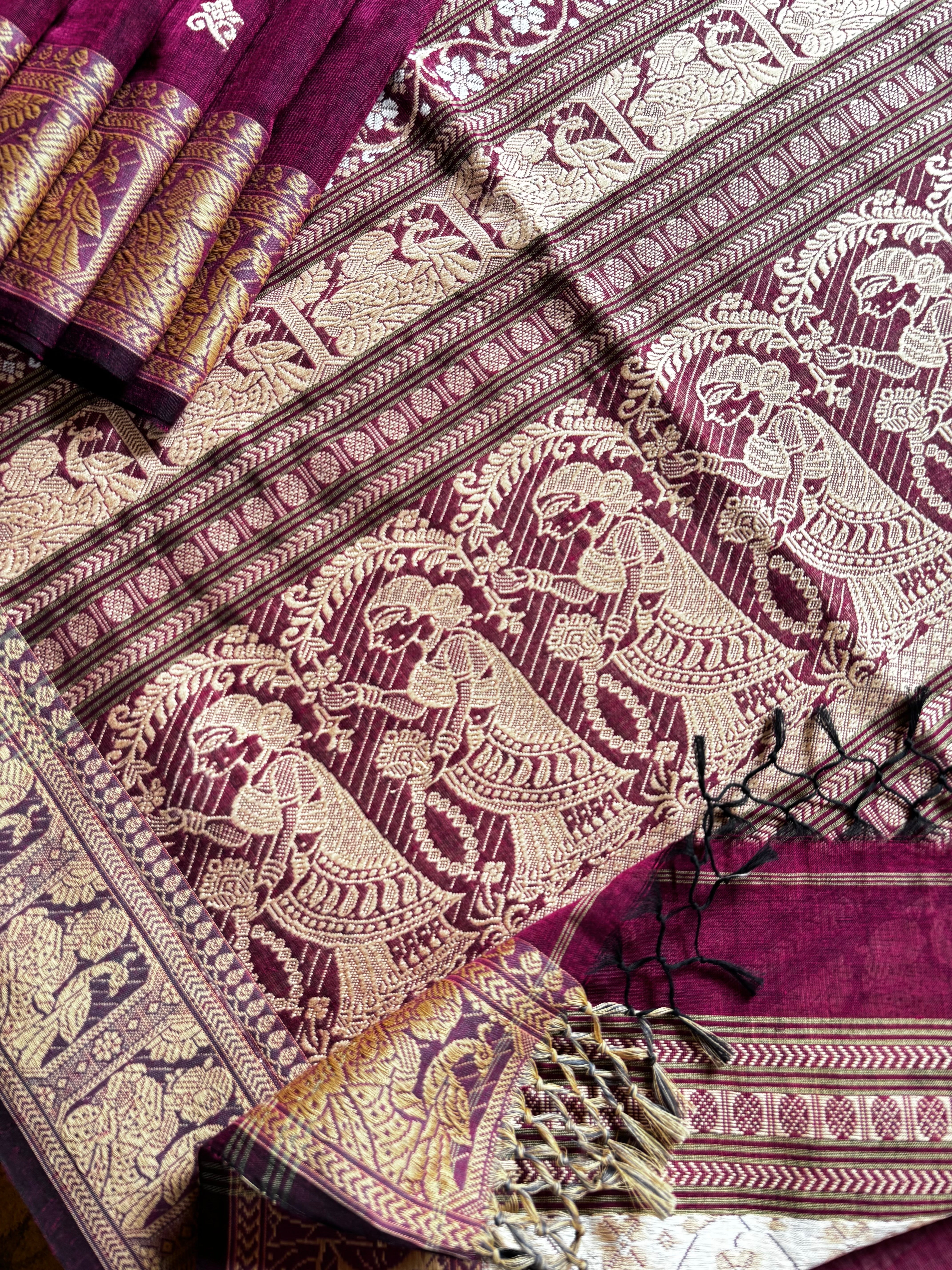 Handwoven Wine Colour Cotton Baluchari Saree