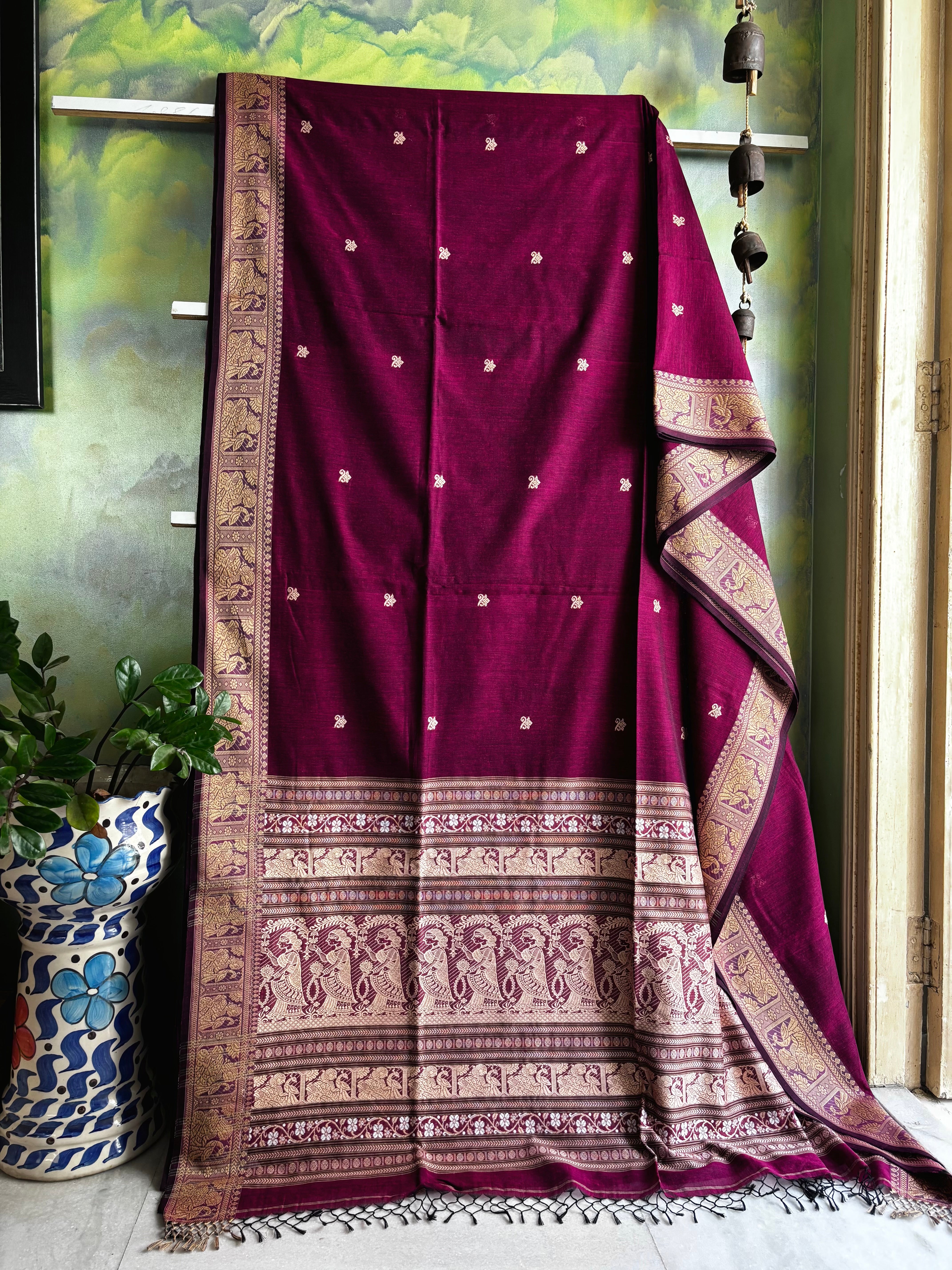Handwoven Wine Colour Cotton Baluchari Saree