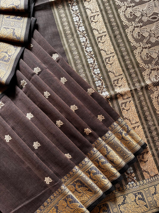 Handwoven Brown Colour Cotton Baluchari Saree