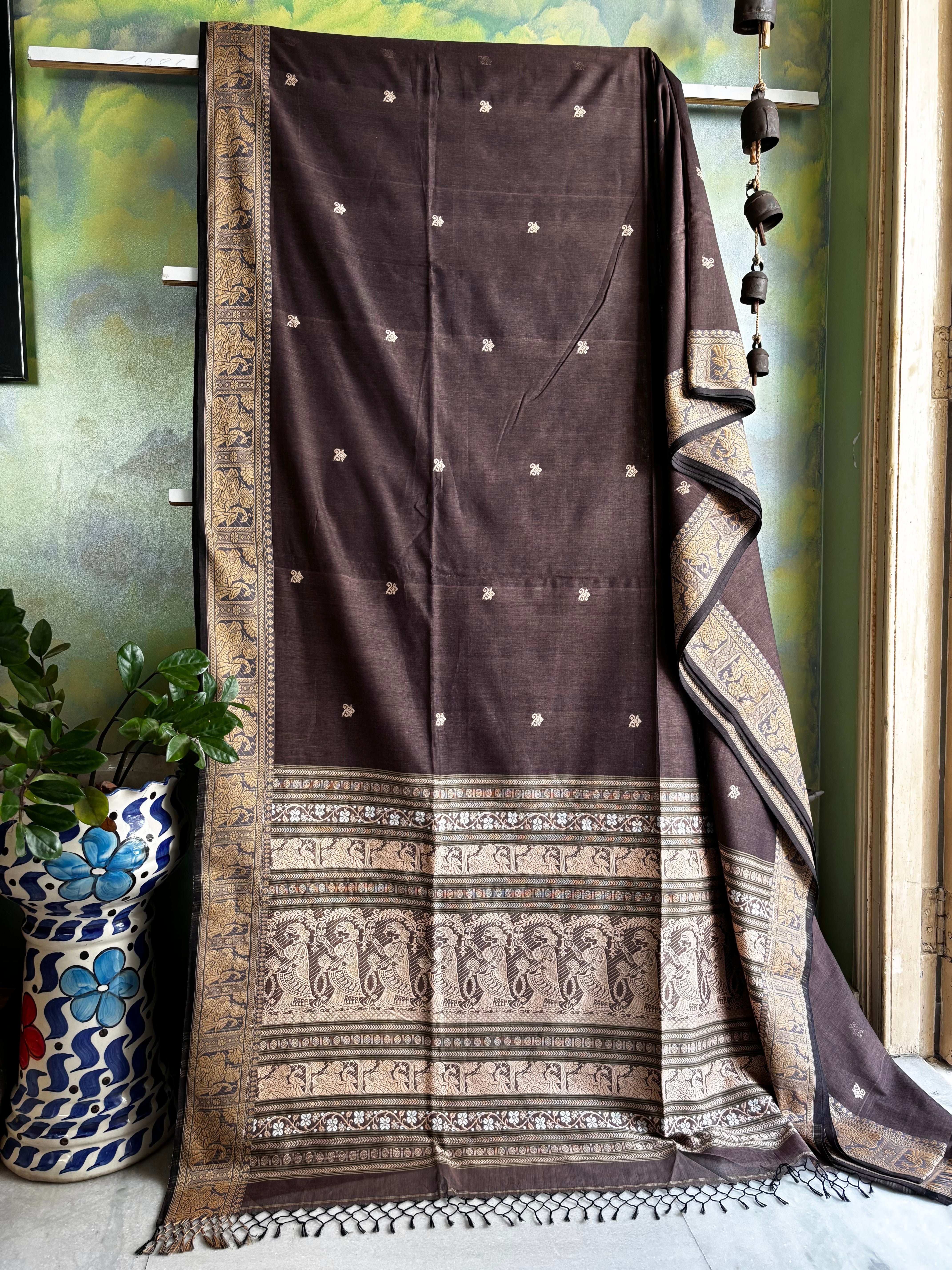 Handwoven Brown Colour Cotton Baluchari Saree