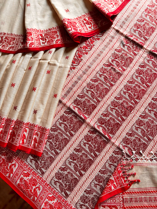 Handwoven Beige Red Cotton Baluchari Saree