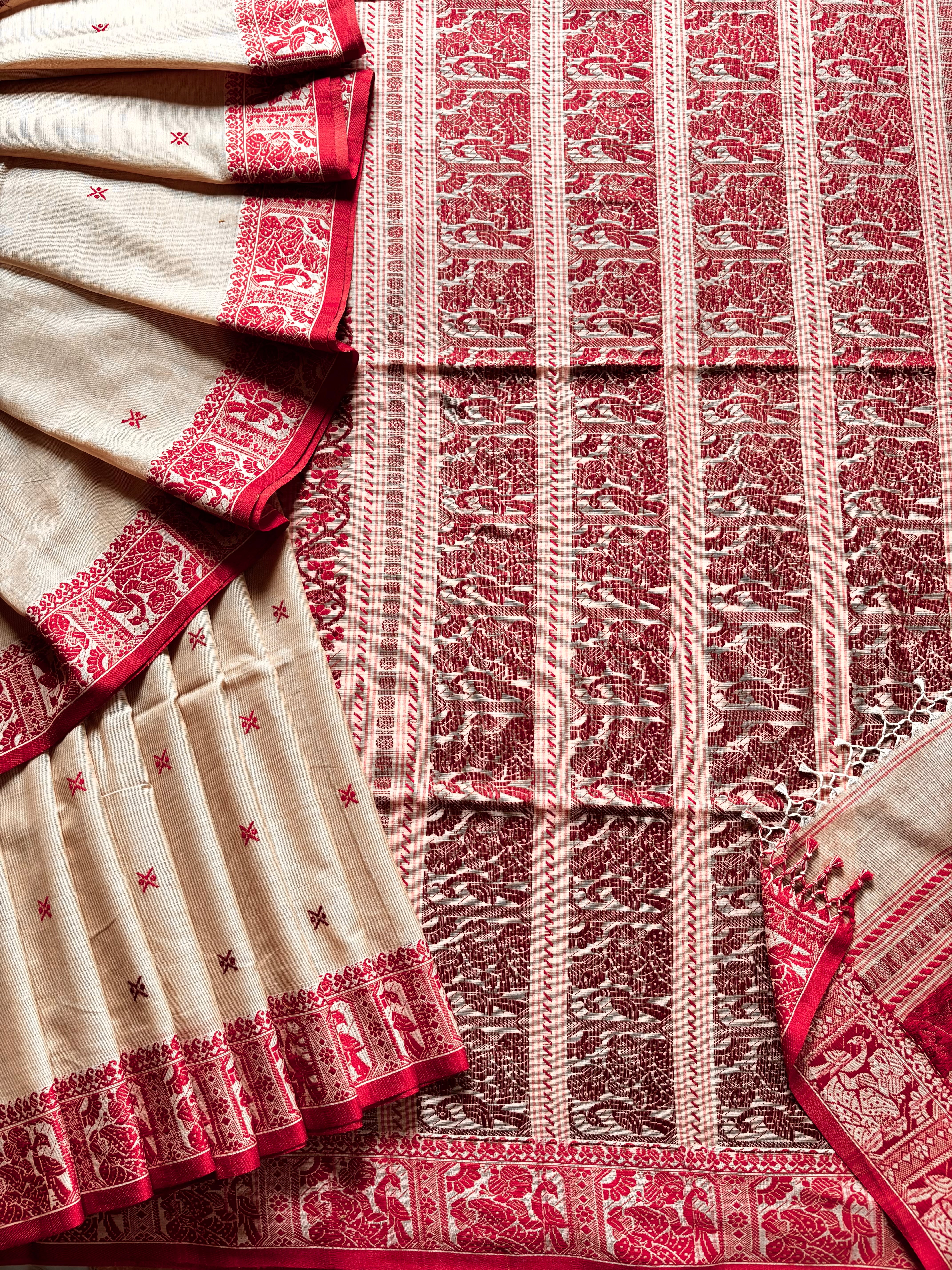 Handwoven Beige Red Cotton Baluchari Saree