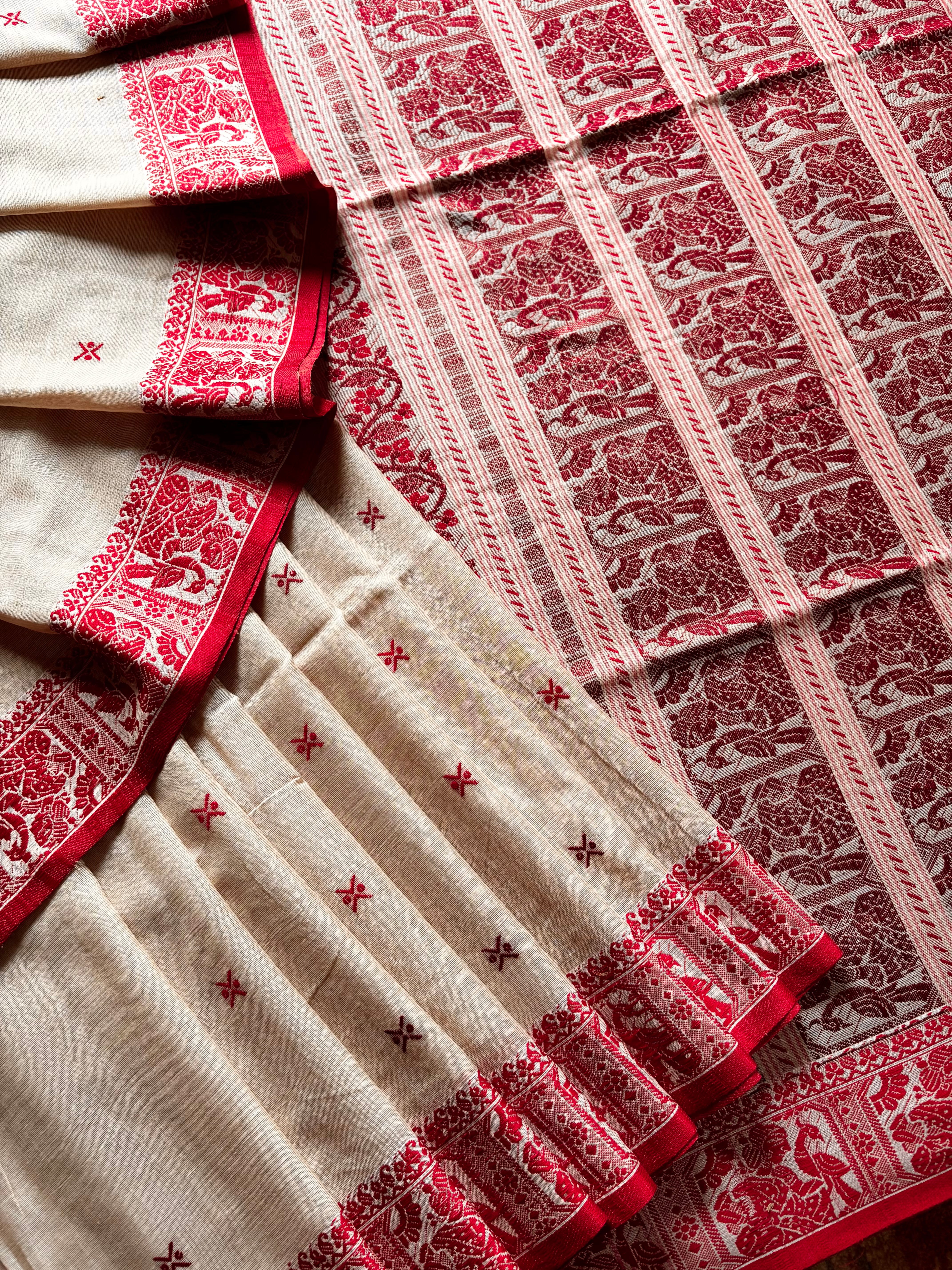 Handwoven Beige Red Cotton Baluchari Saree
