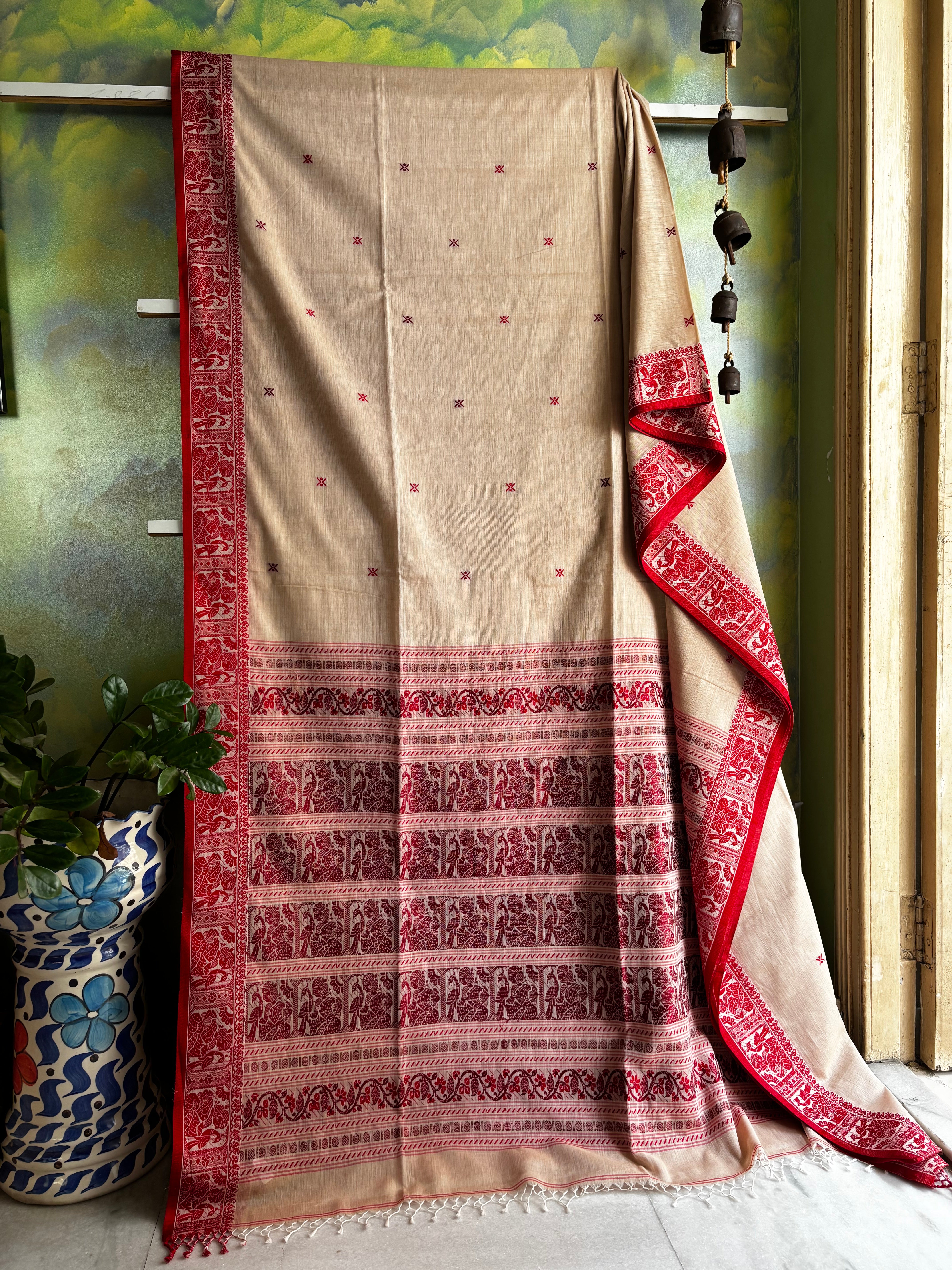 Handwoven Beige Red Cotton Baluchari Saree