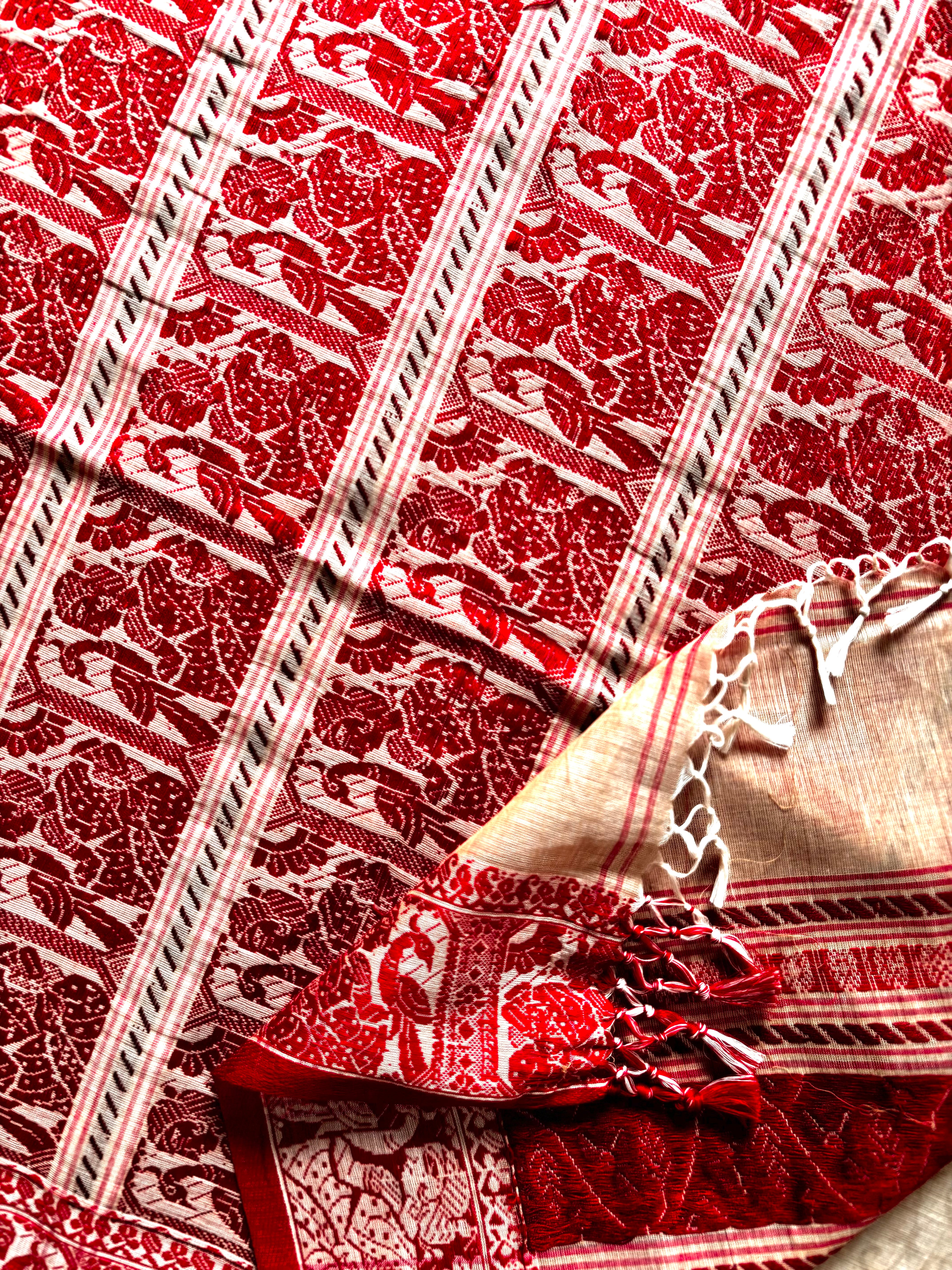 Handwoven Beige Red Palla Cotton Baluchari Saree