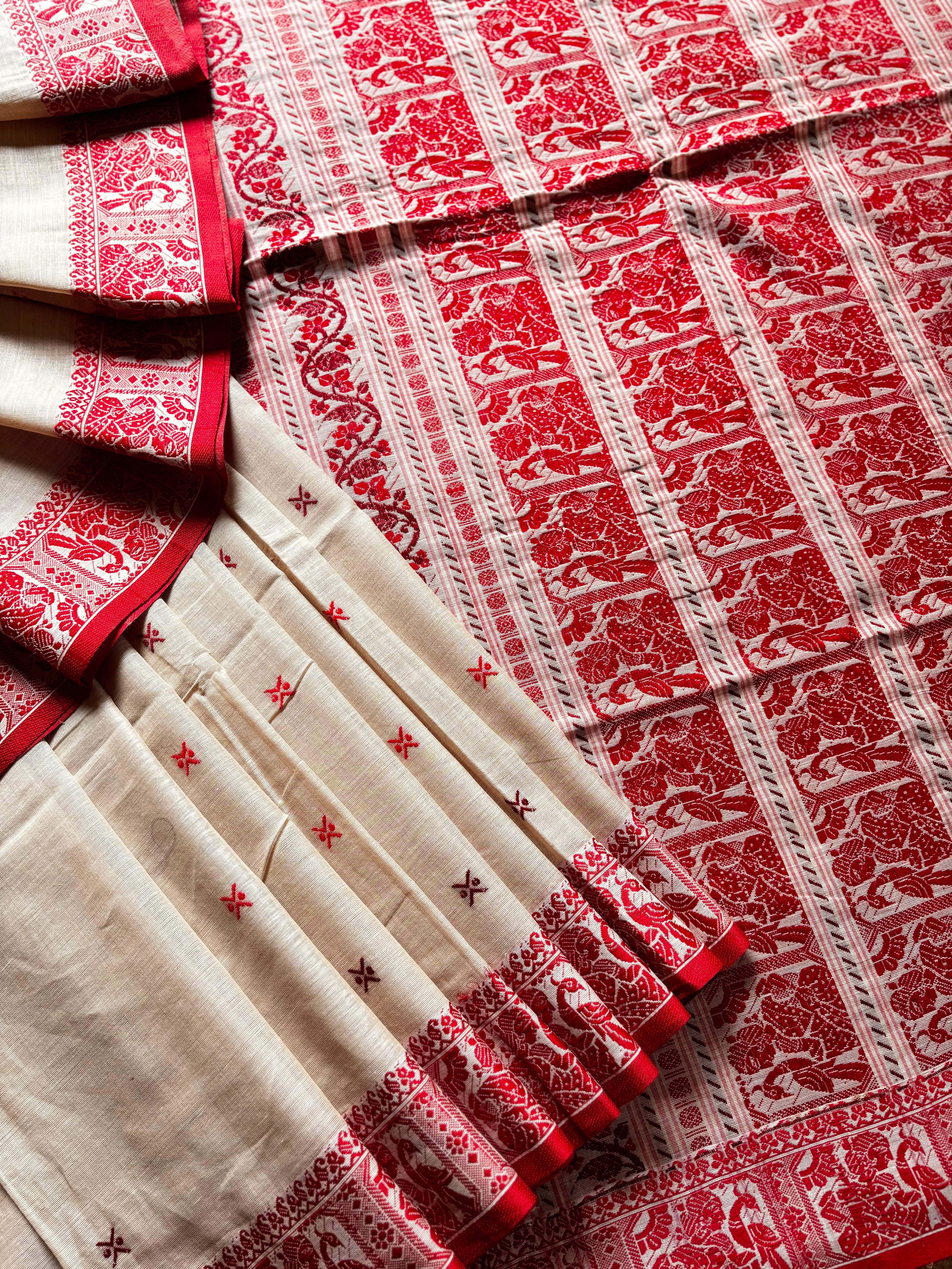 Handwoven Beige Red Palla Cotton Baluchari Saree