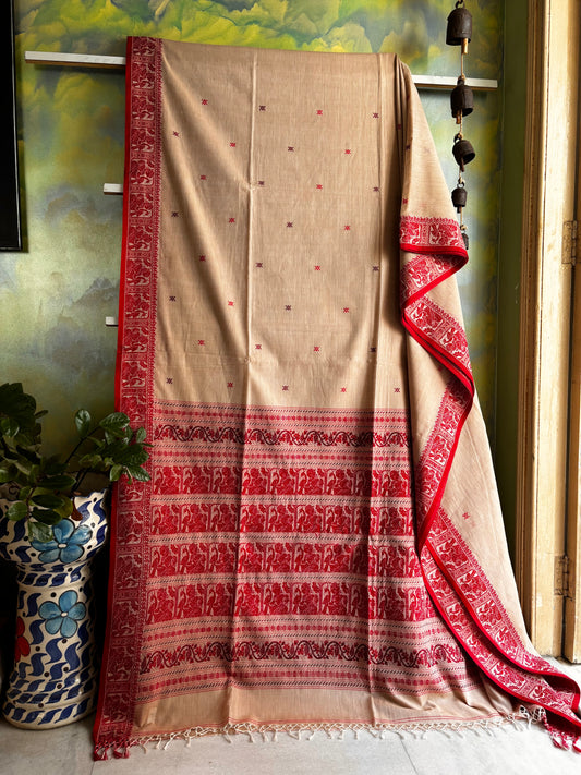 Handwoven Beige Red Palla Cotton Baluchari Saree
