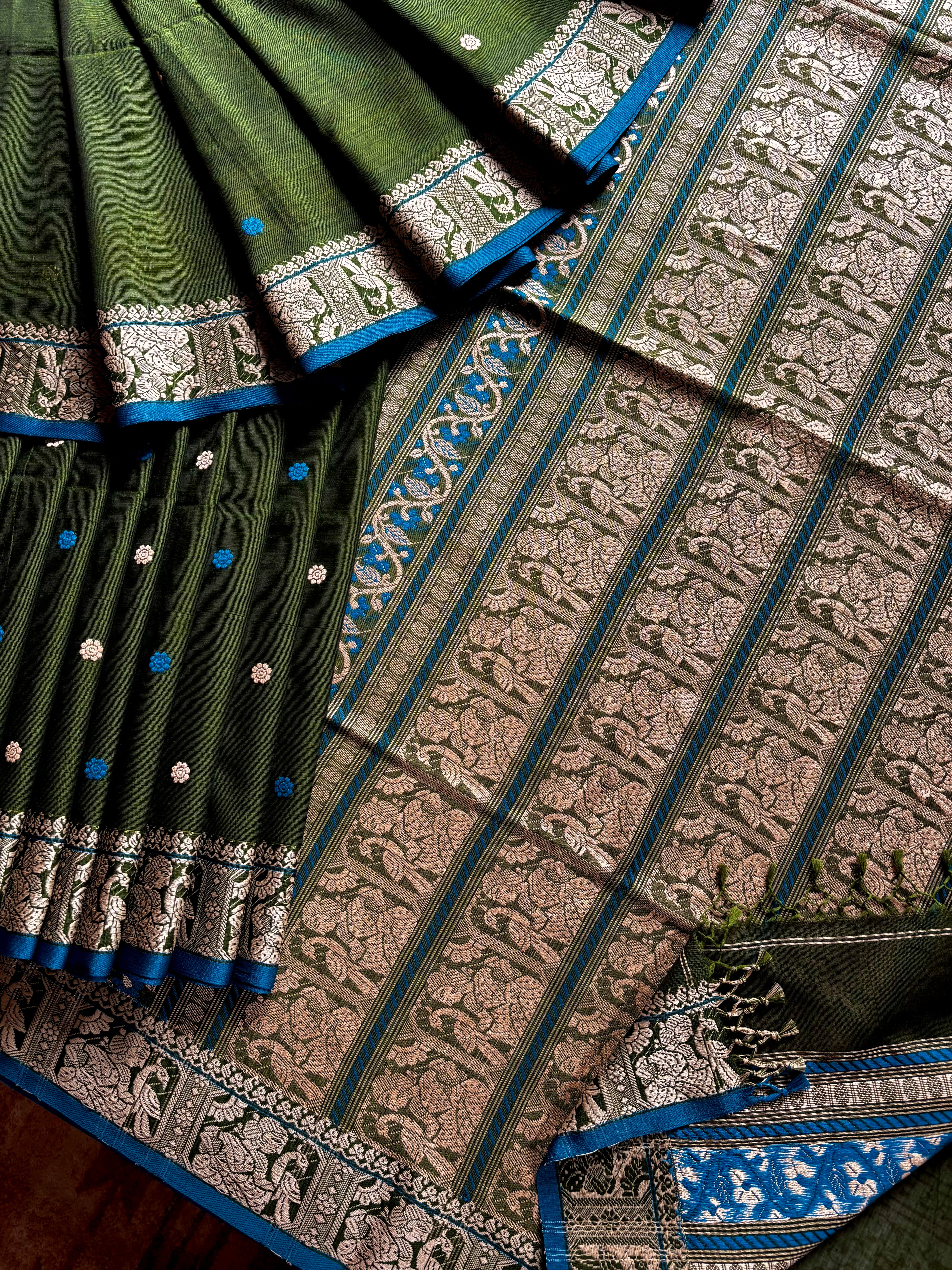Handwoven Green Cotton Baluchari Saree