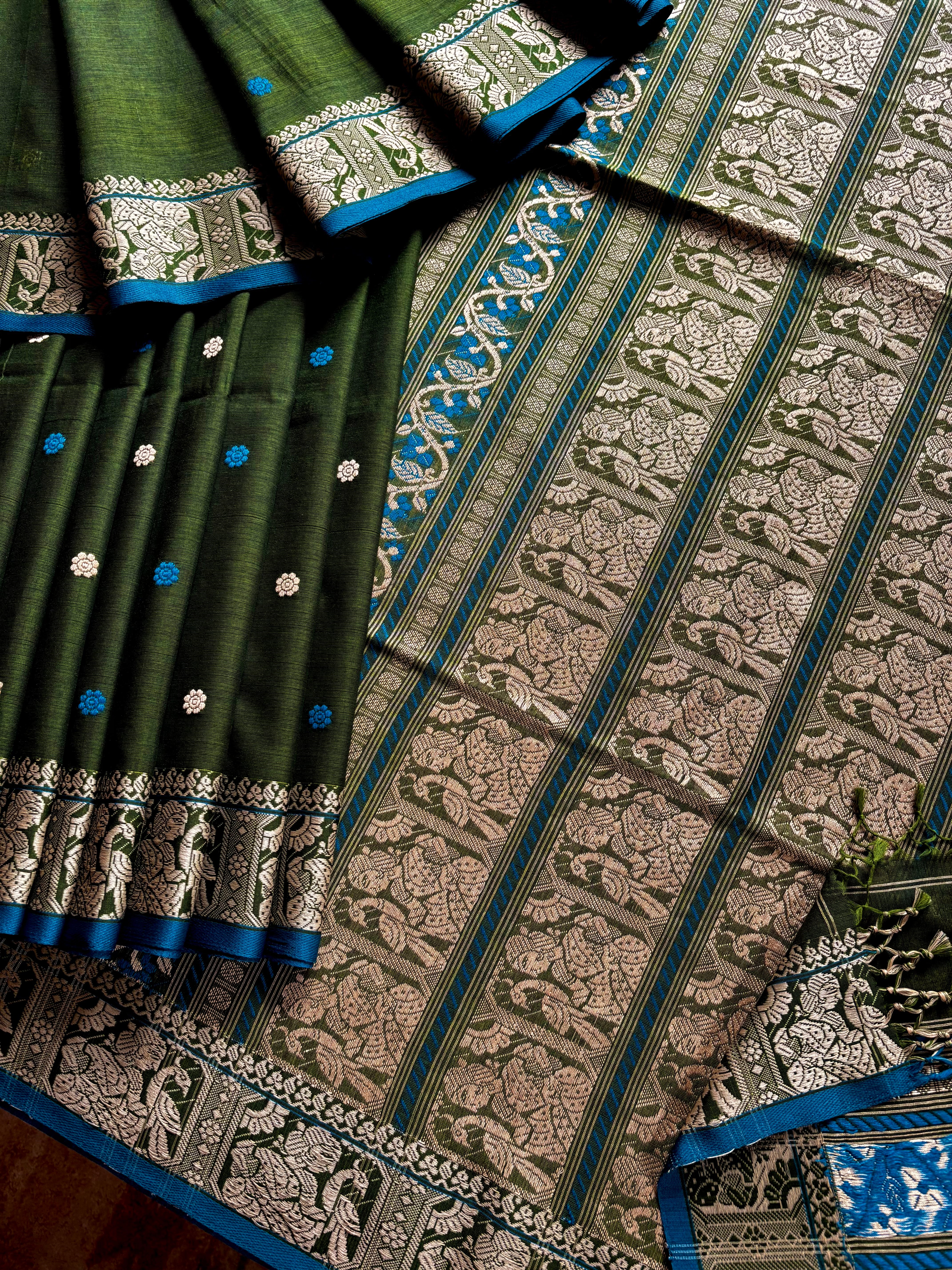 Handwoven Green Cotton Baluchari Saree