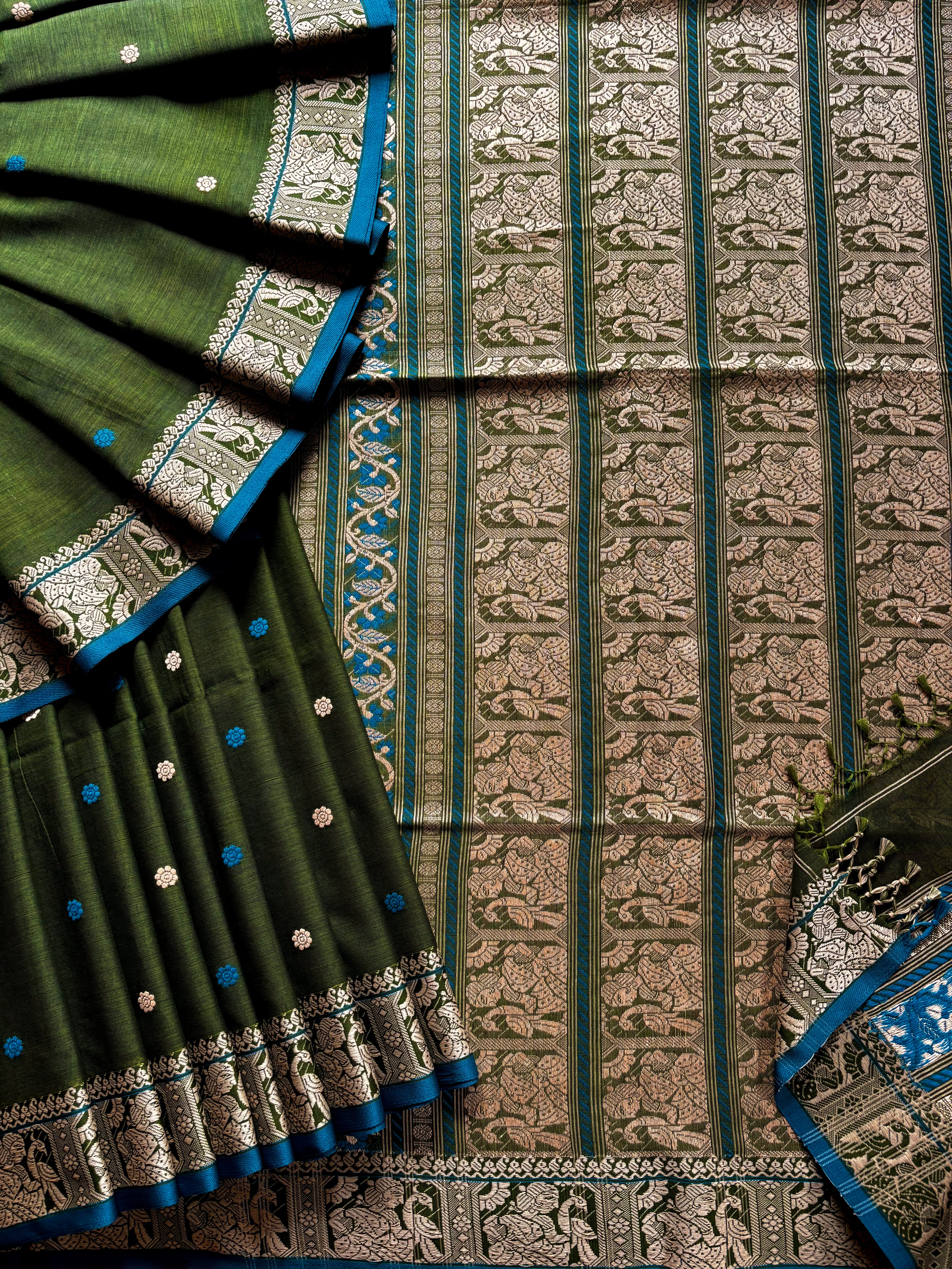 Handwoven Green Cotton Baluchari Saree