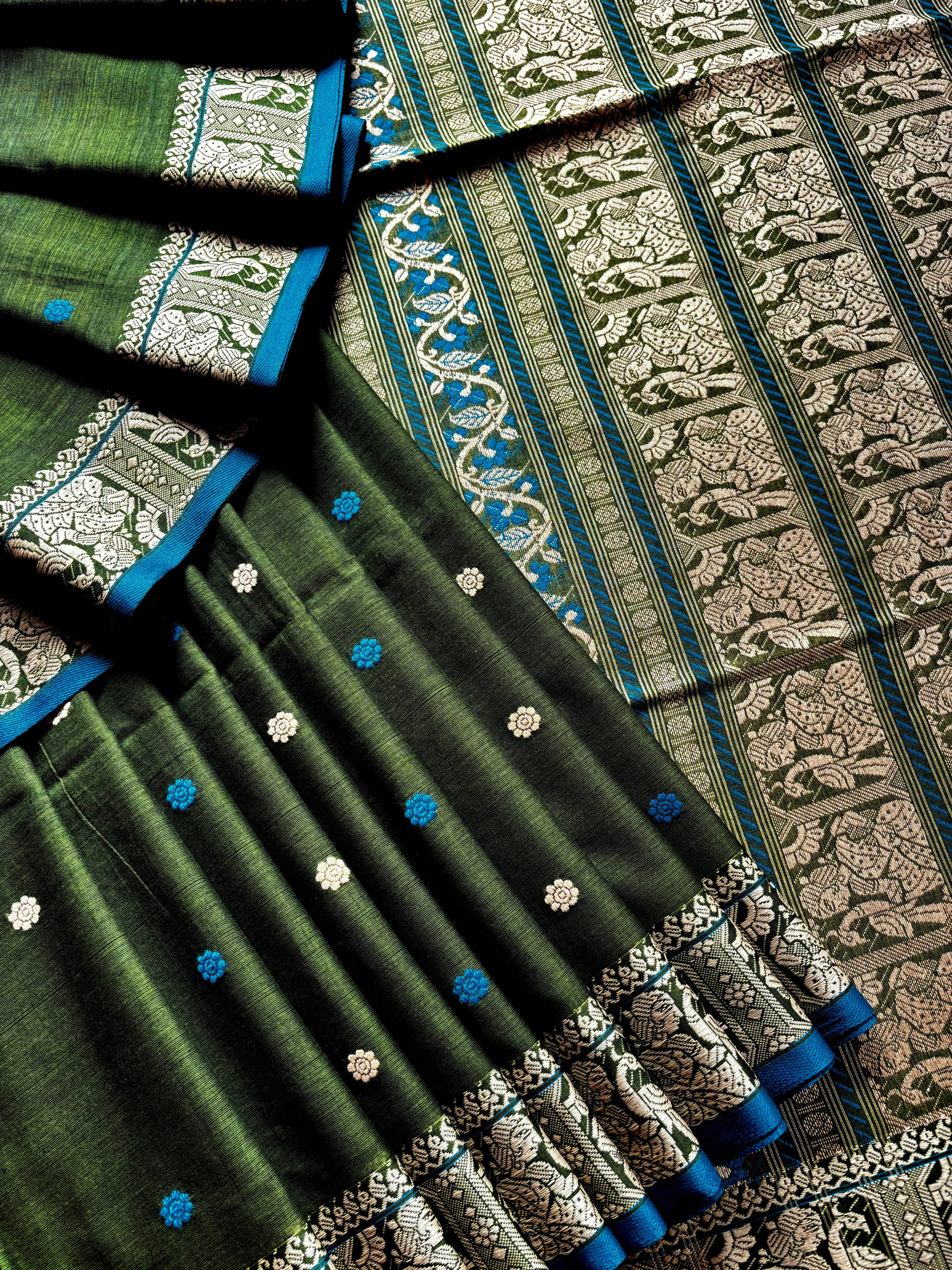 Handwoven Green Cotton Baluchari Saree