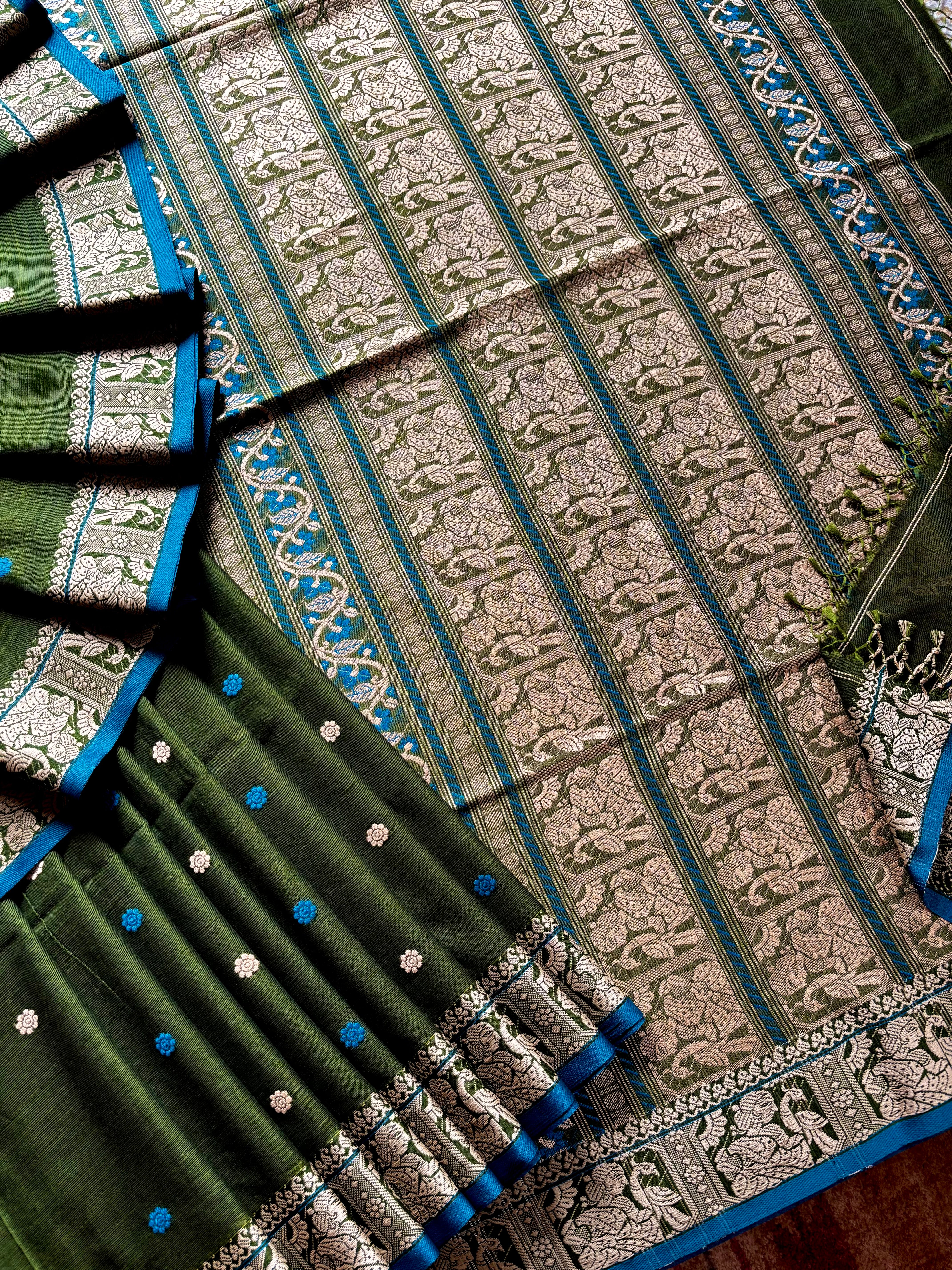 Handwoven Green Cotton Baluchari Saree