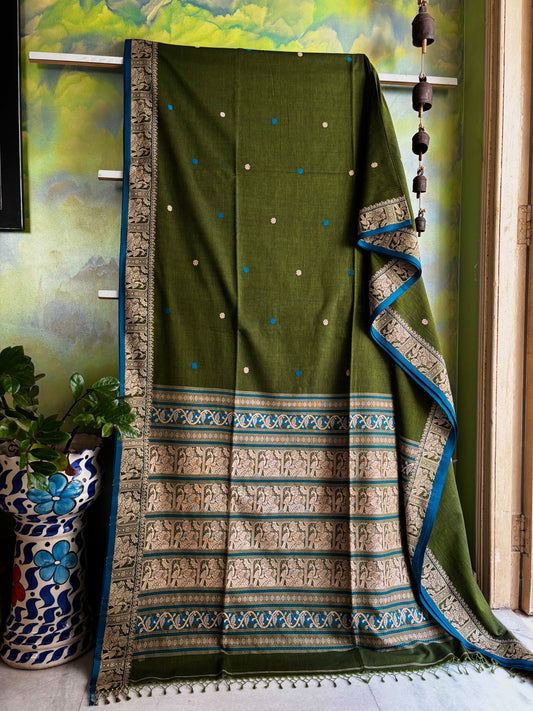 Handwoven Green Cotton Baluchari Saree