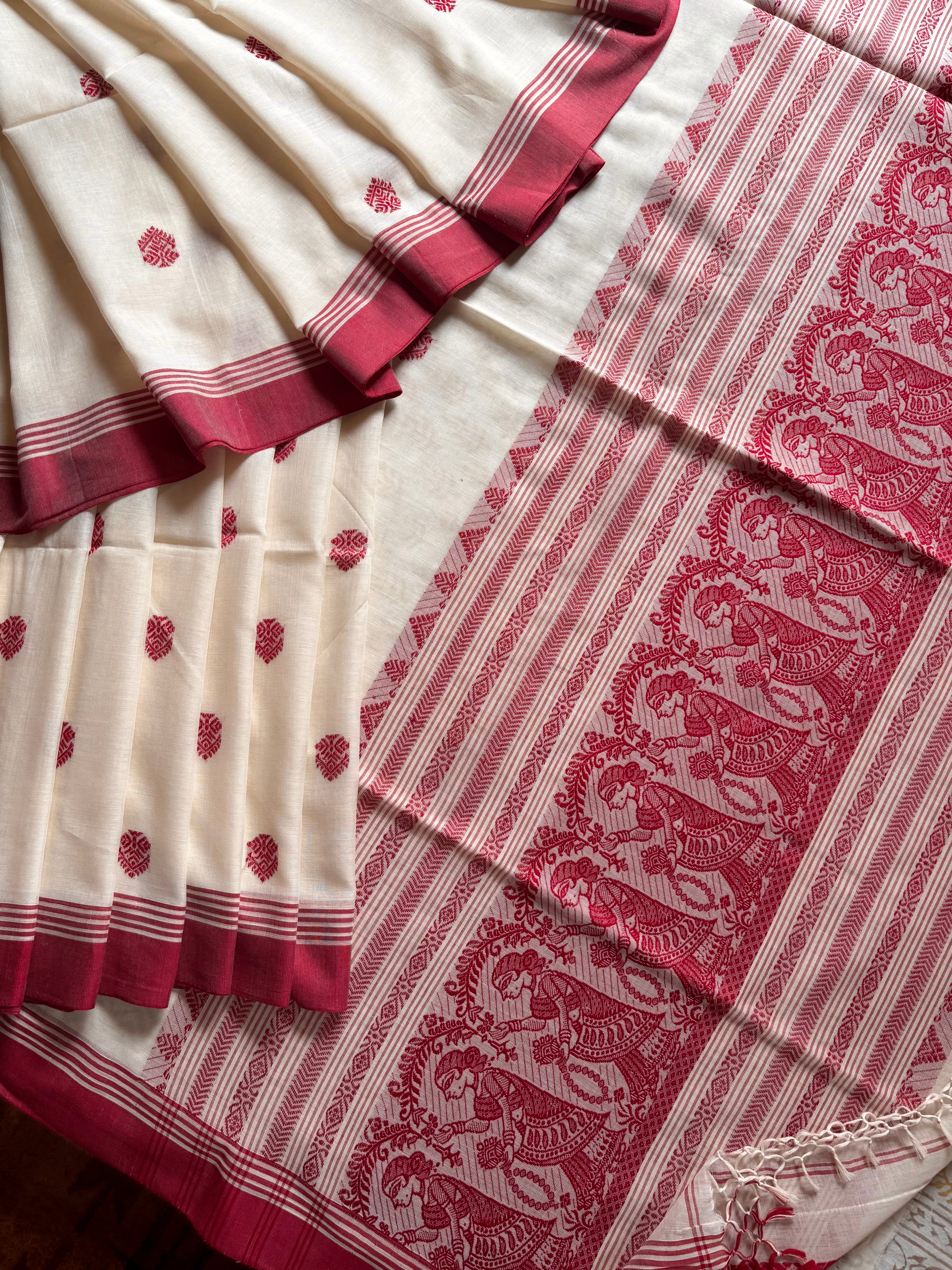 Handwoven Pearl White Maroon Cotton Baluchari Saree