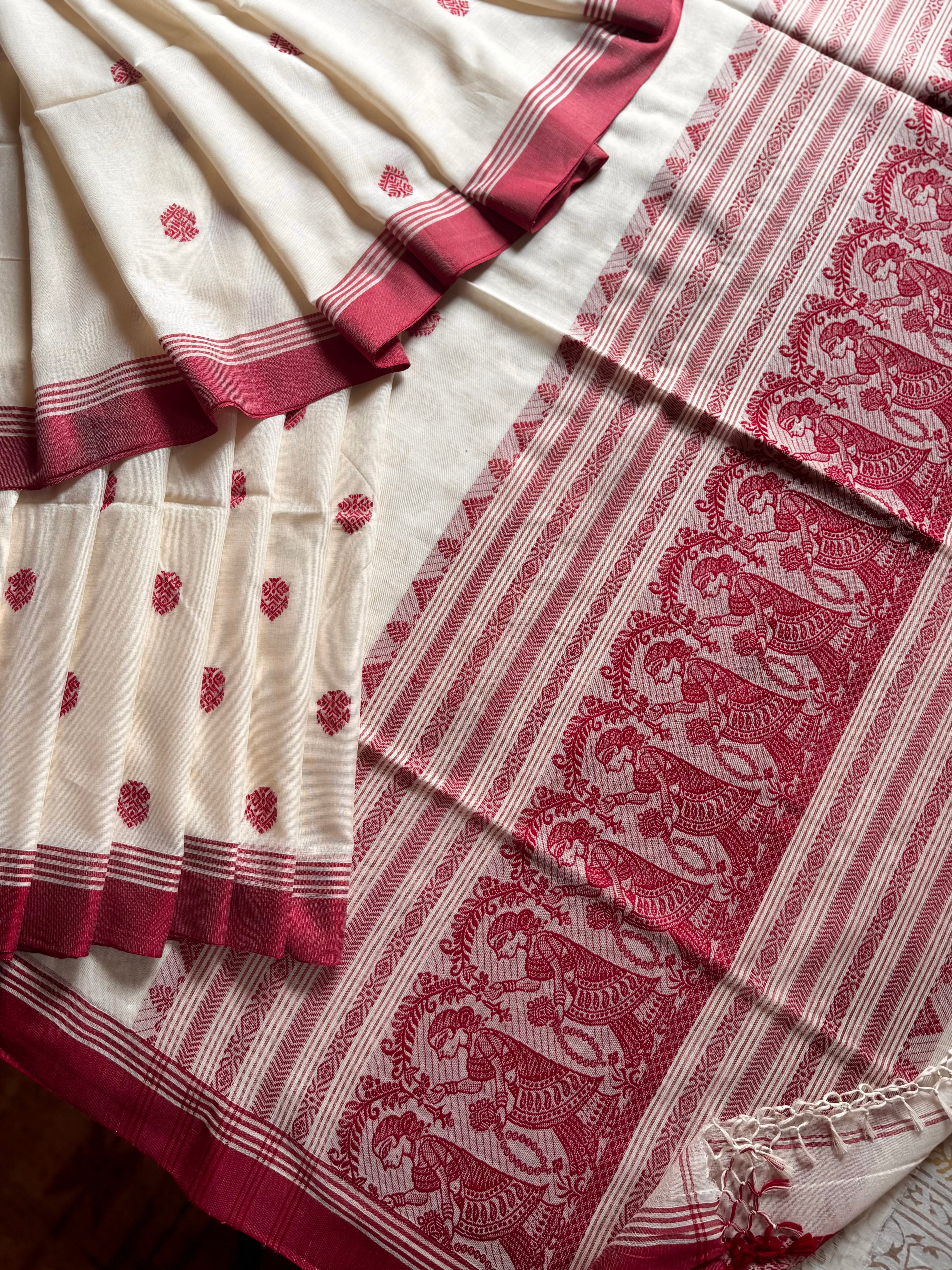 Handwoven Pearl White Maroon Cotton Baluchari Saree