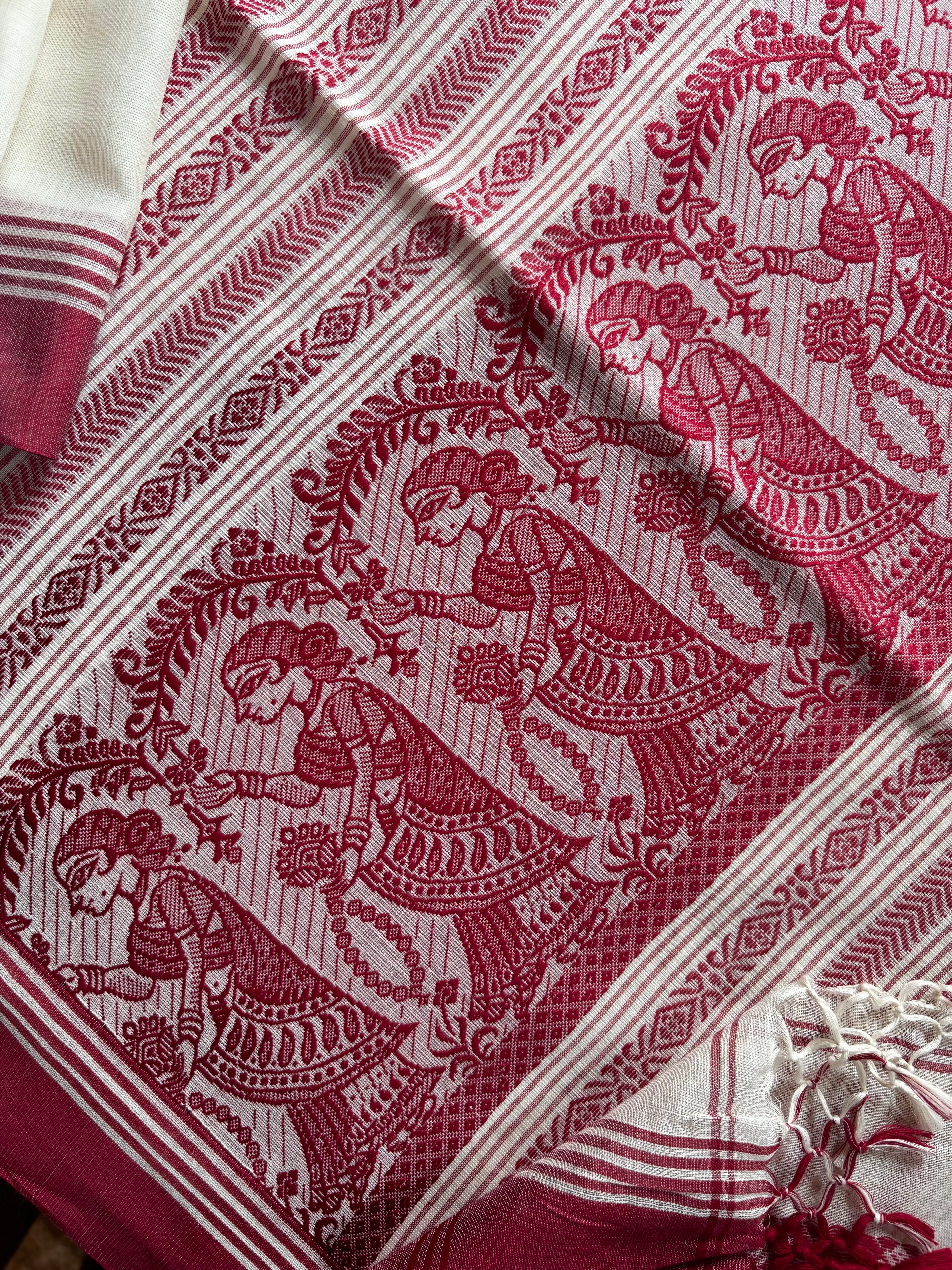 Handwoven Pearl White Maroon Cotton Baluchari Saree
