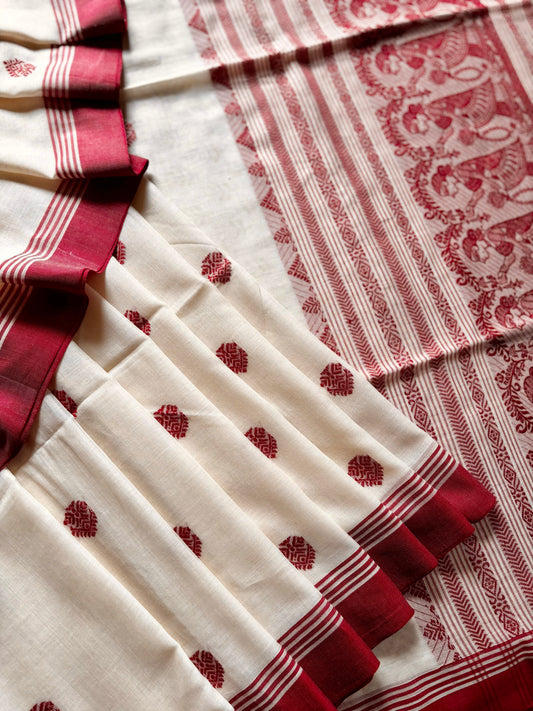 Handwoven Pearl White Maroon Cotton Baluchari Saree