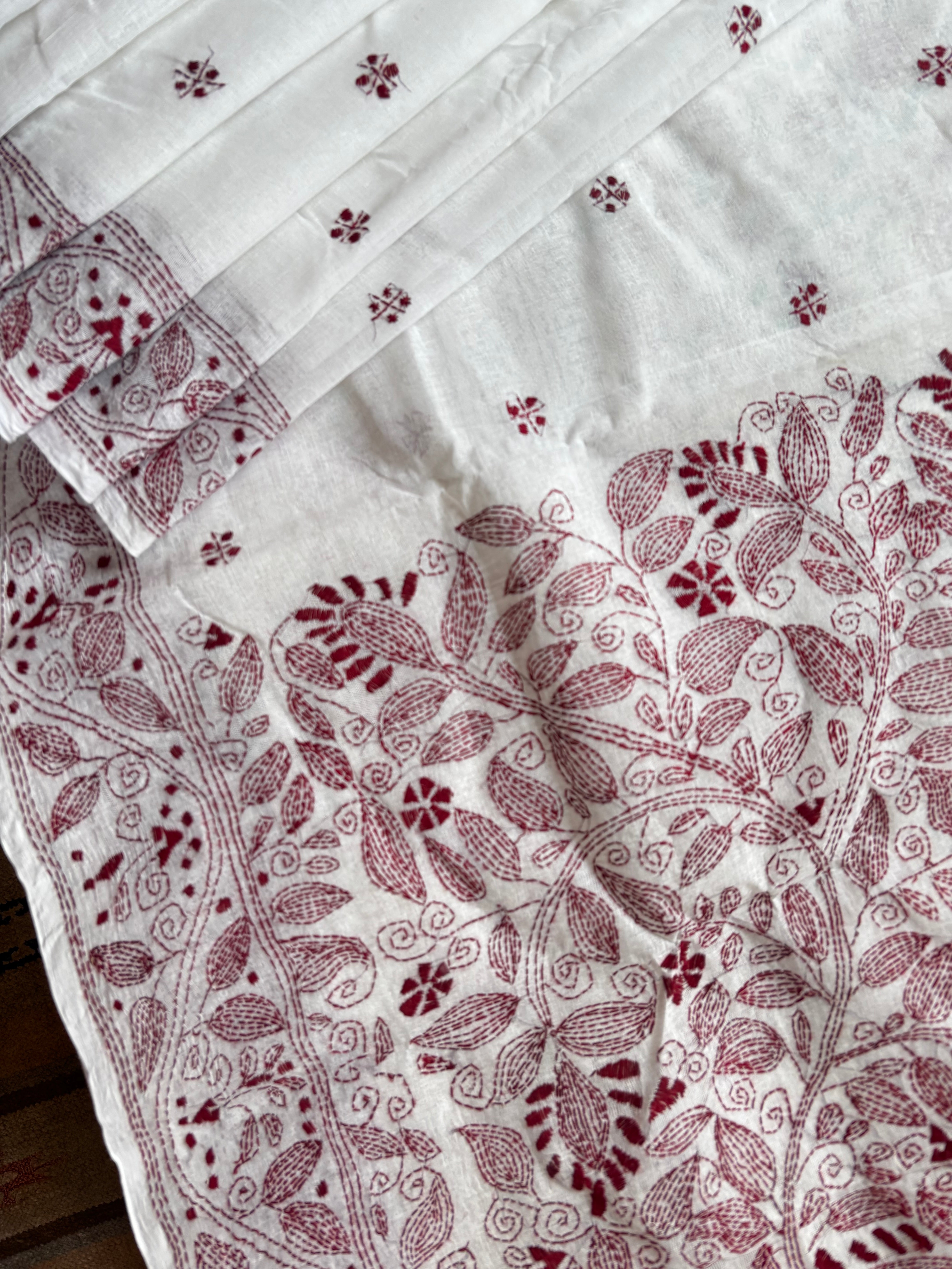 Handmade White Maroon Cotton Kantha Saree