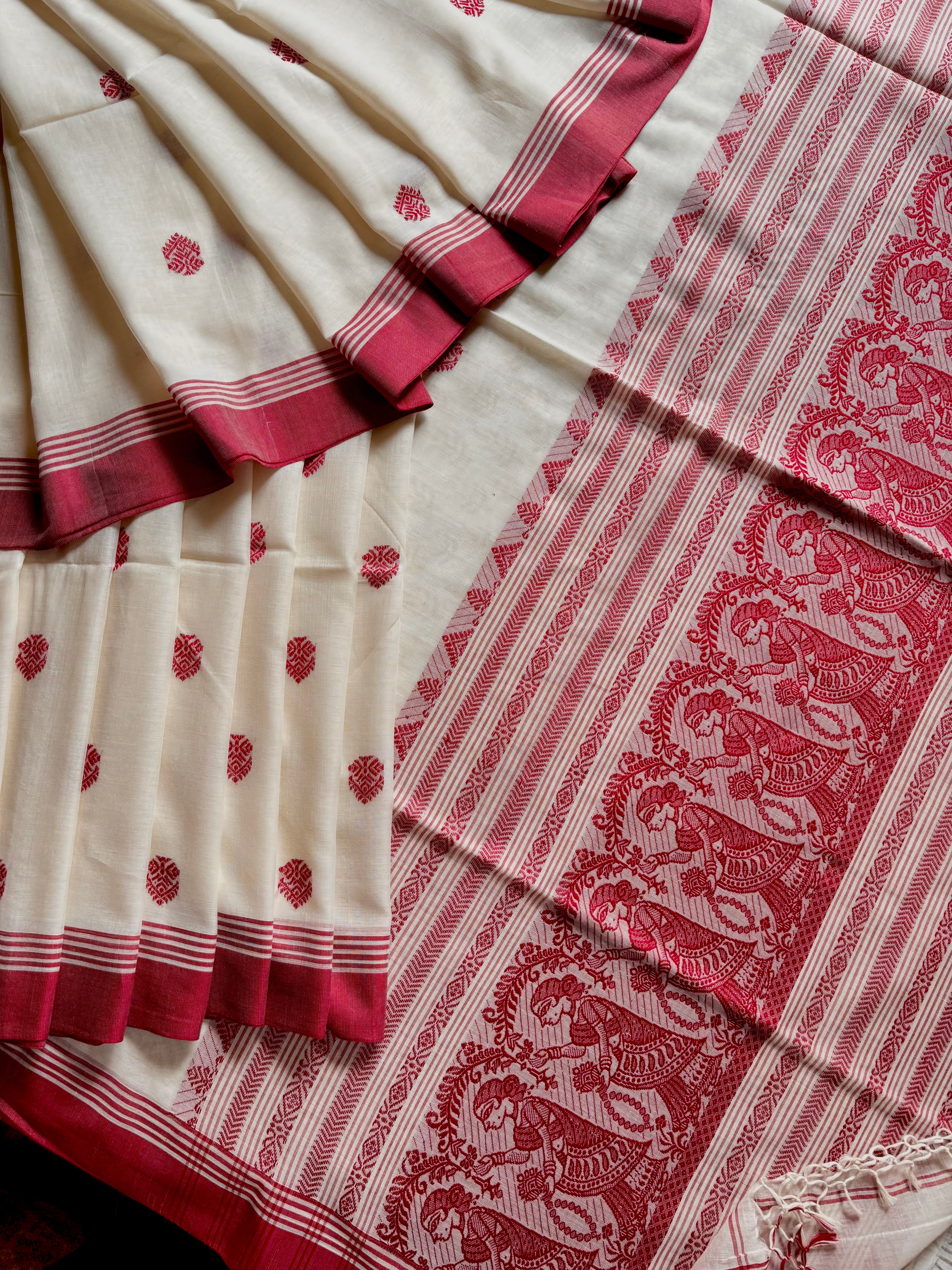 Handwoven Pearl White Maroon Cotton Baluchari Saree