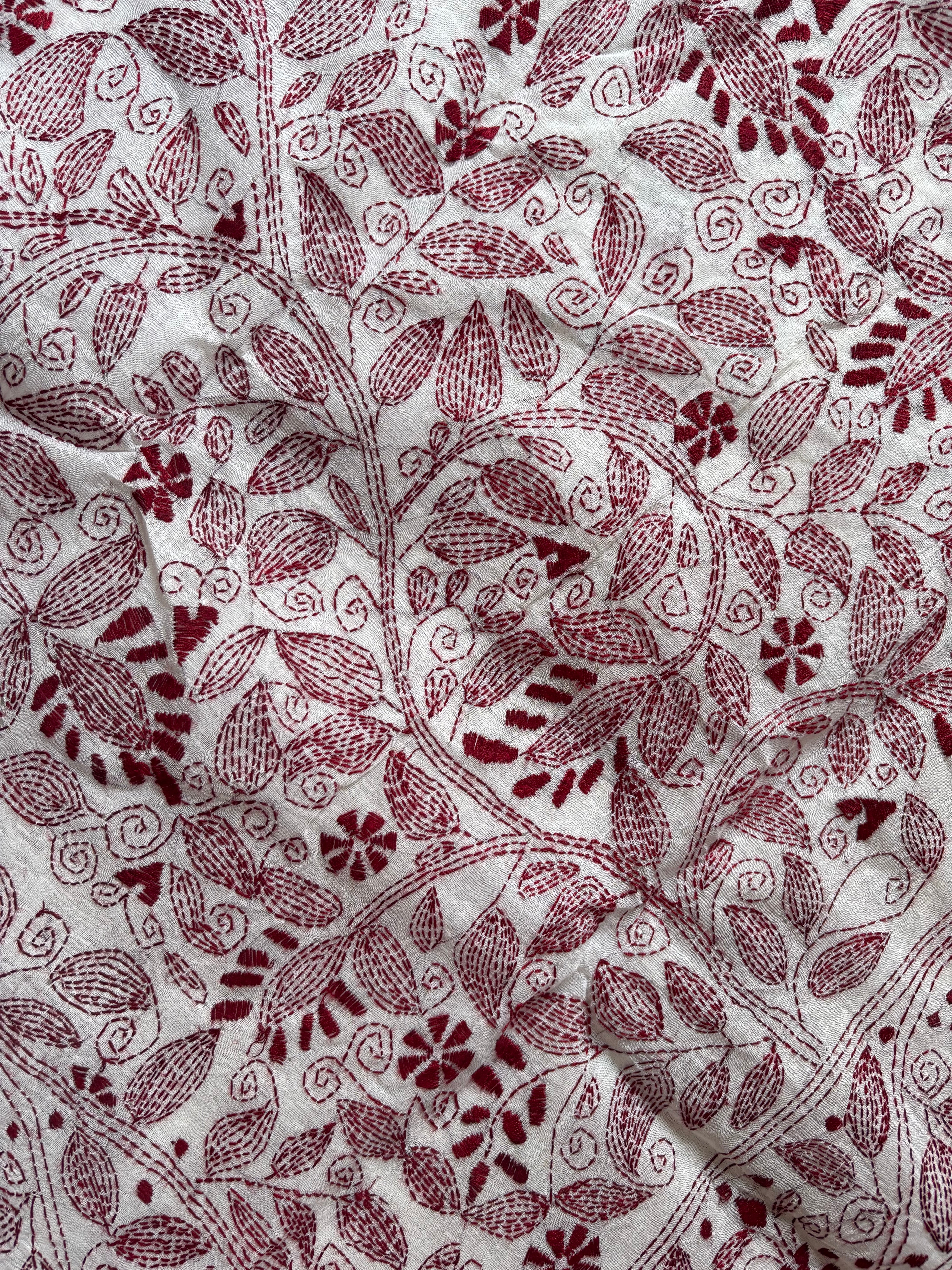 Handmade White Maroon Cotton Kantha Saree