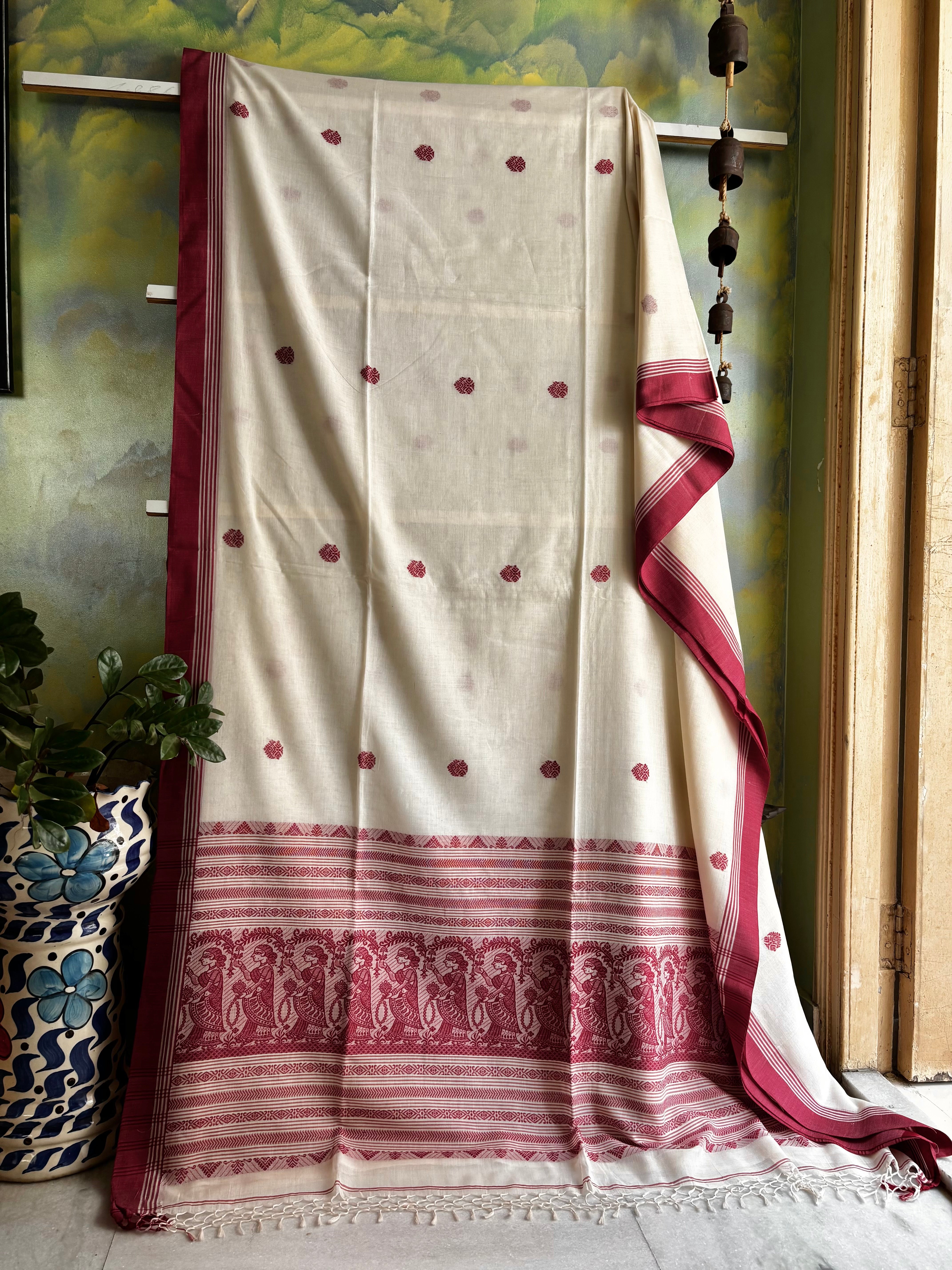 Handwoven Pearl White Maroon Cotton Baluchari Saree