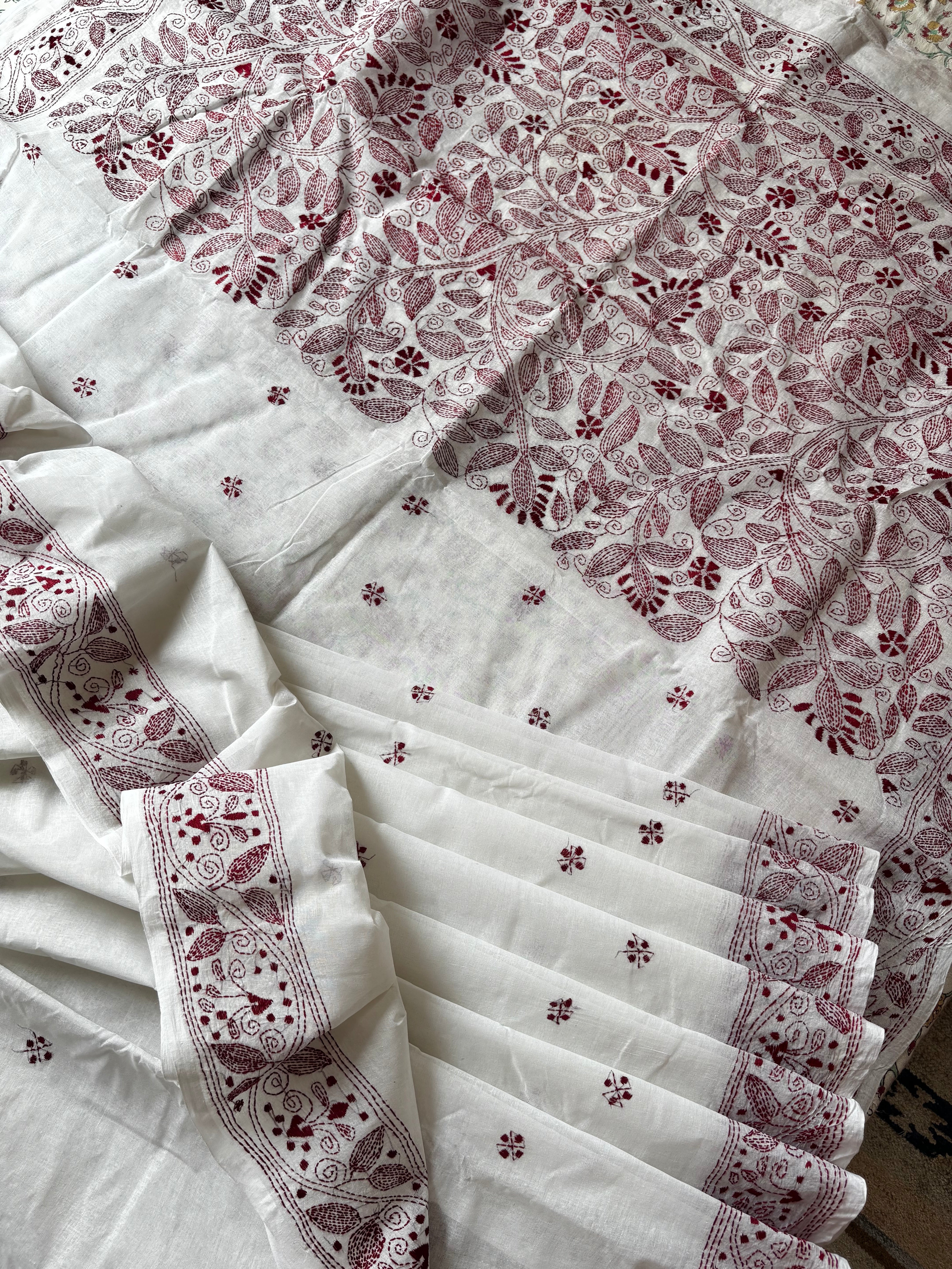 Handmade White Maroon Cotton Kantha Saree