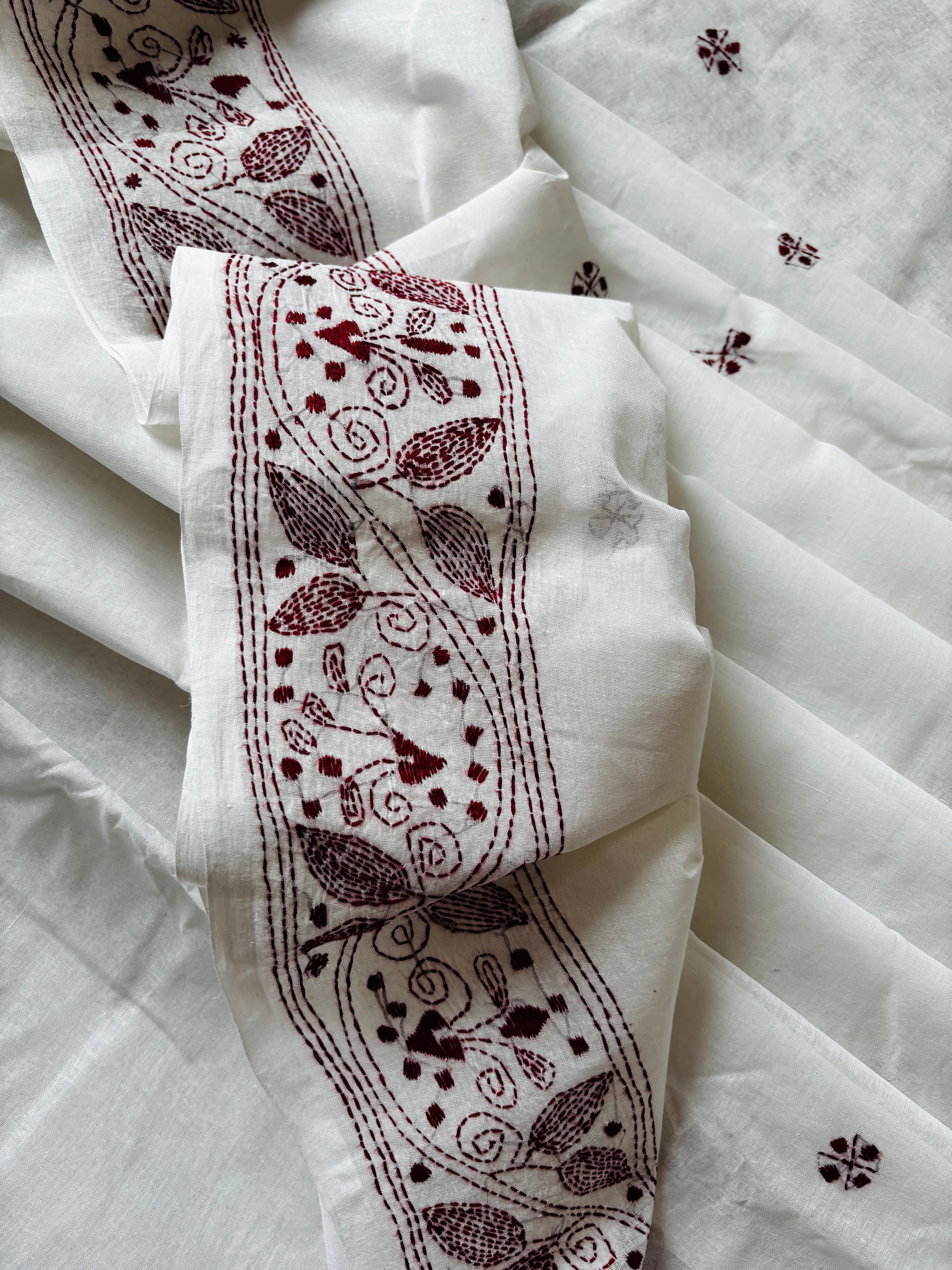 Handmade White Maroon Cotton Kantha Saree
