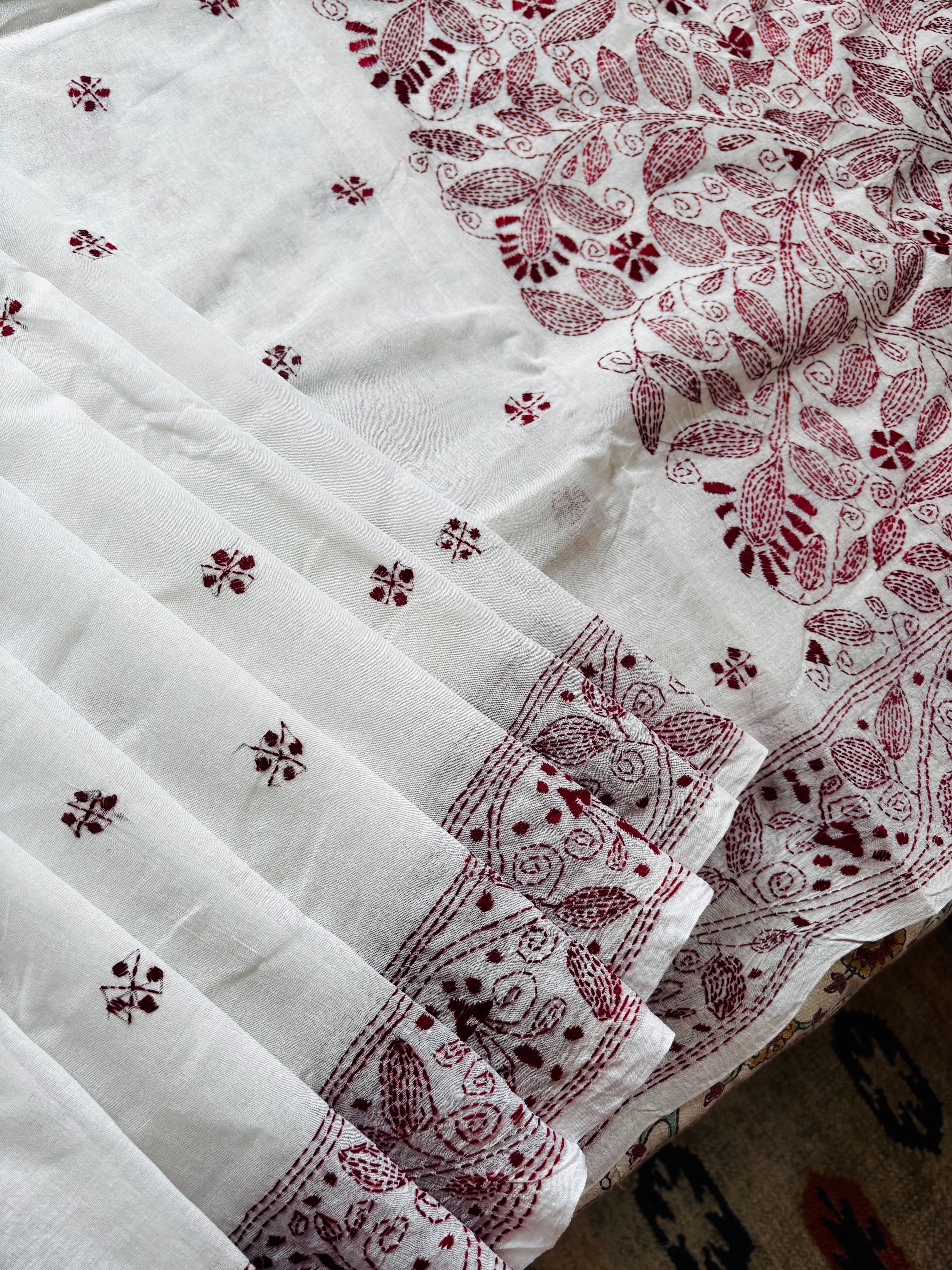 Handmade White Maroon Cotton Kantha Saree