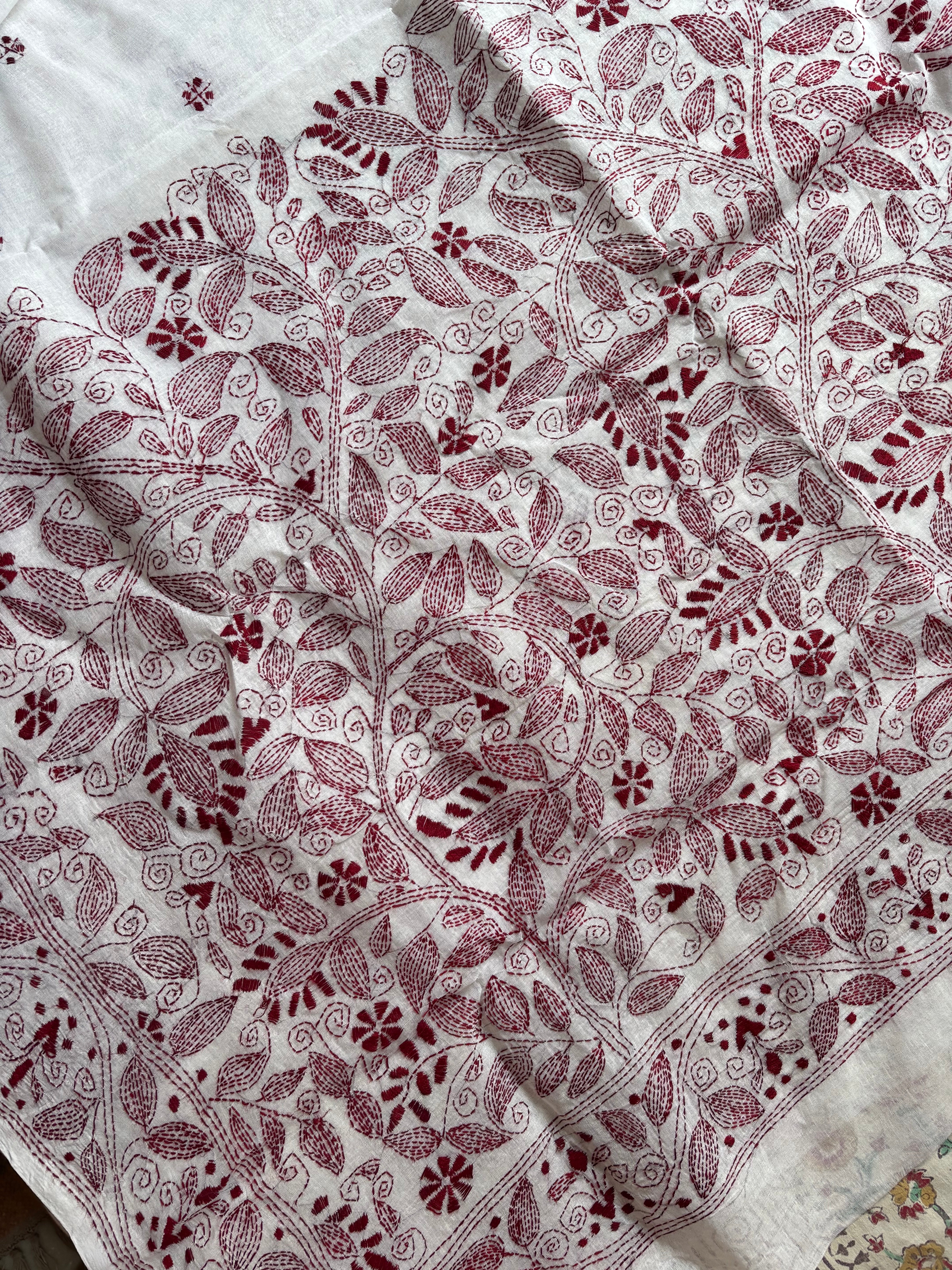 Handmade White Maroon Cotton Kantha Saree
