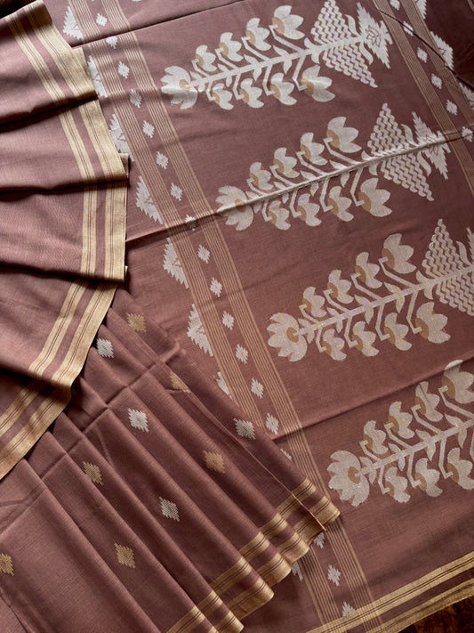 Handwoven Light Brown Phulia Cotton Jamdani Saree