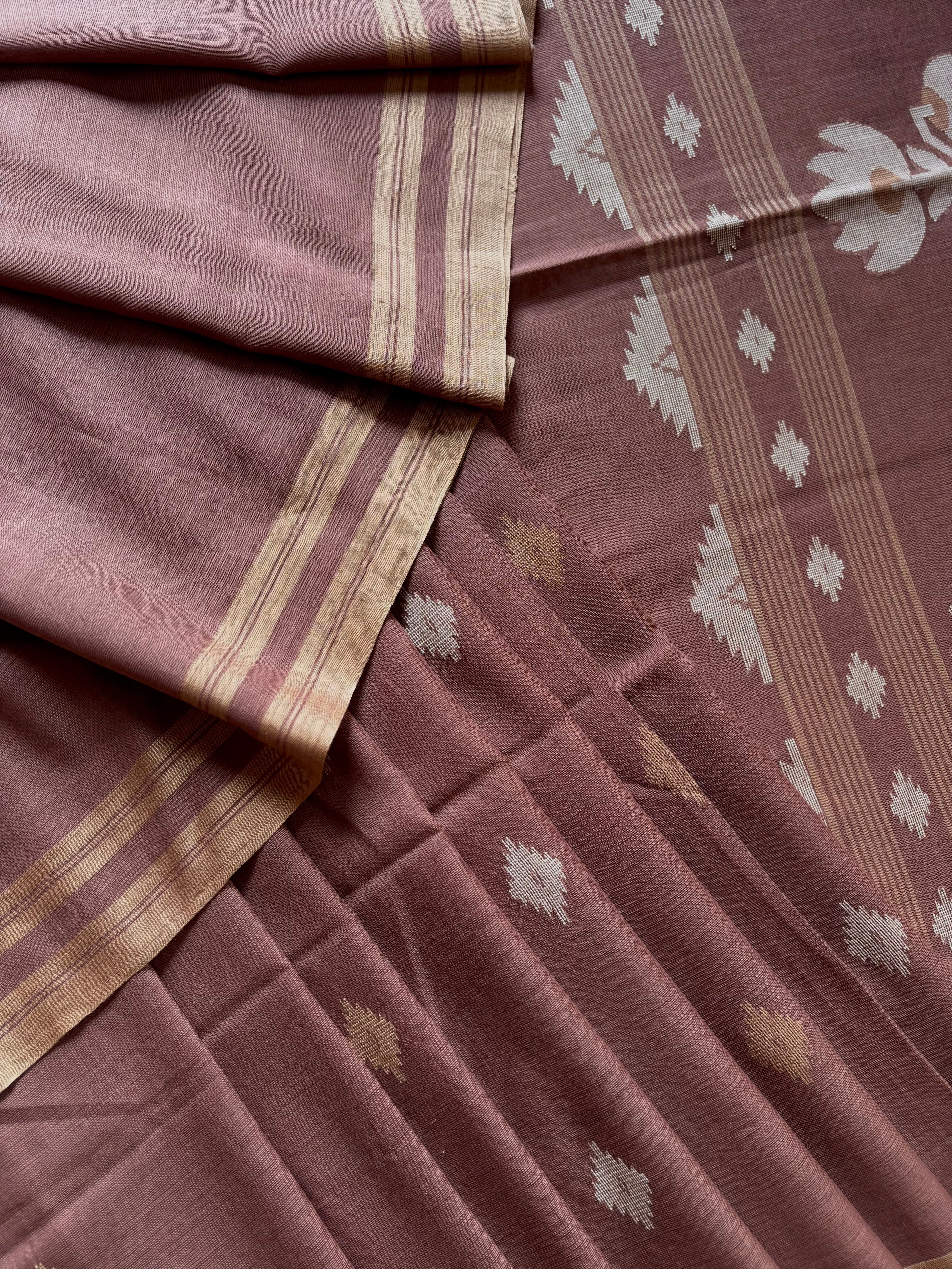 Handwoven Light Brown Phulia Cotton Jamdani Saree