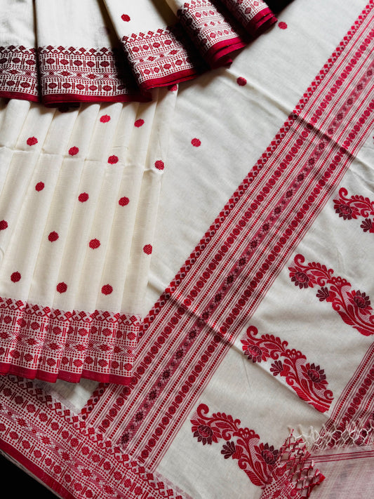 Handwoven Off White Red Phulia Cotton Saree
