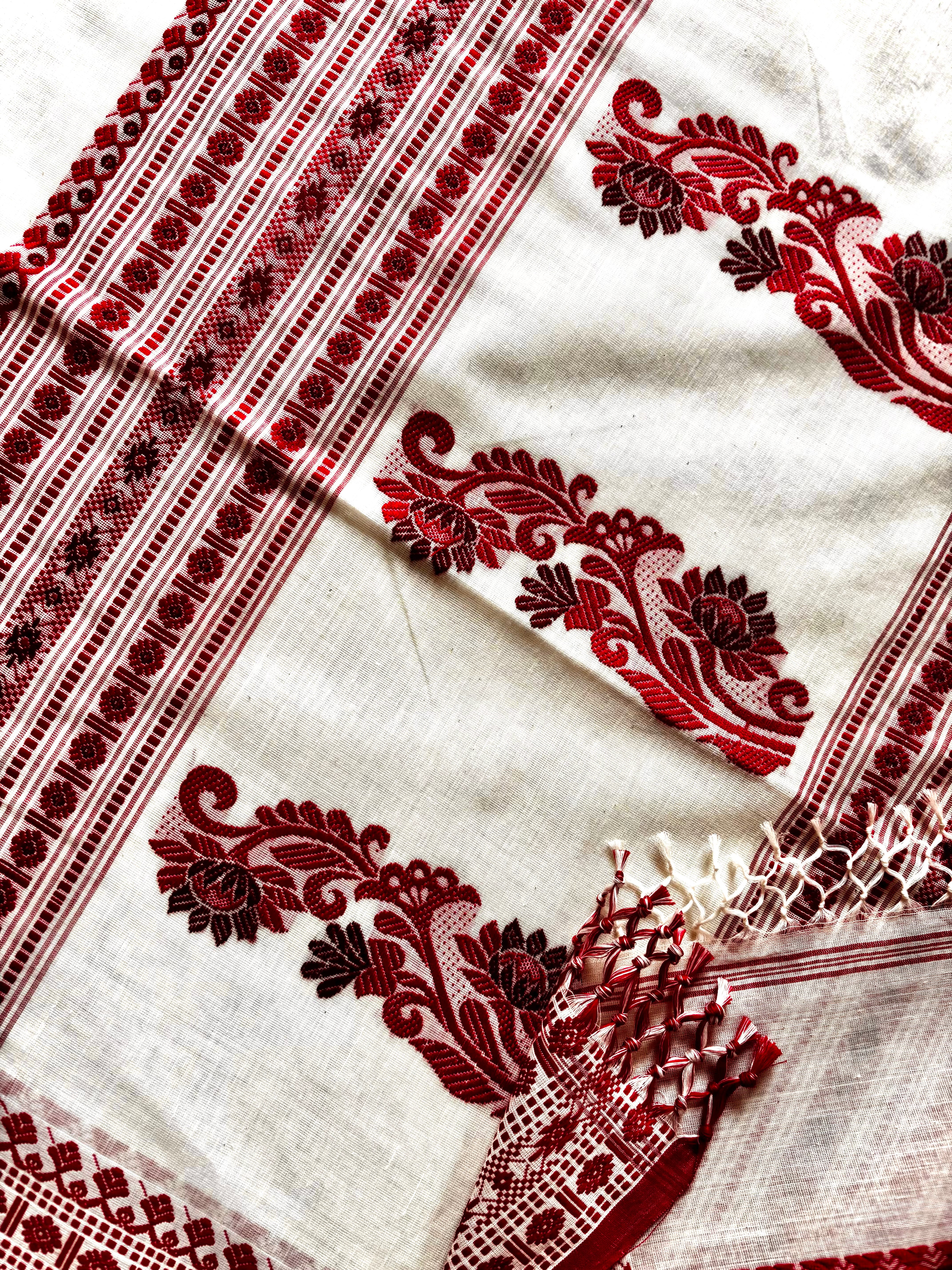 Handwoven Off White Red Phulia Cotton Saree